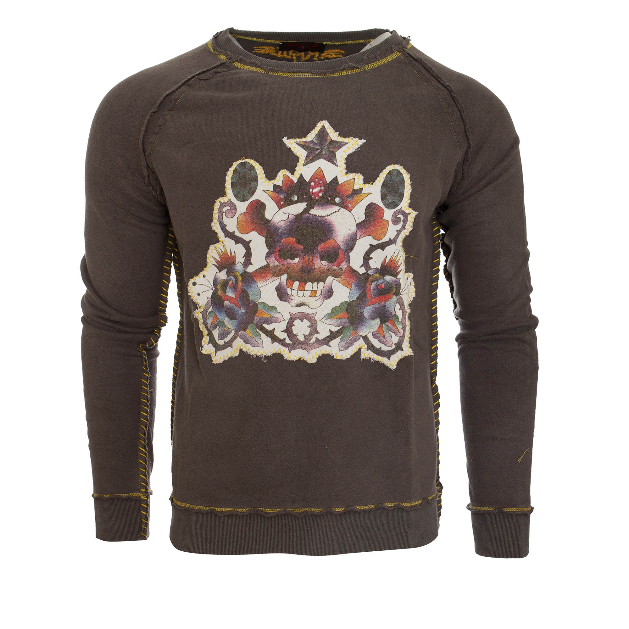 RAW 7 SWSRT105-SKULL-STONE Raw7 Men's Stone Gray Crew Neck Sweater Skull Design