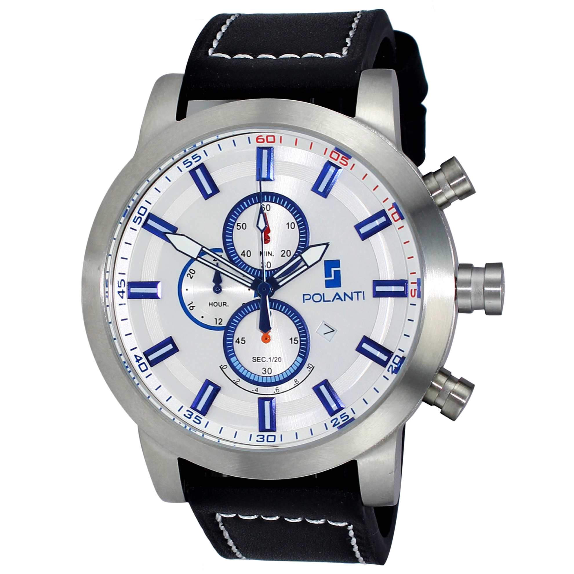 Polanti RG00011W-SS Polanti Retrograde Chronograph Silver/Blue Dial Black Leather Strap