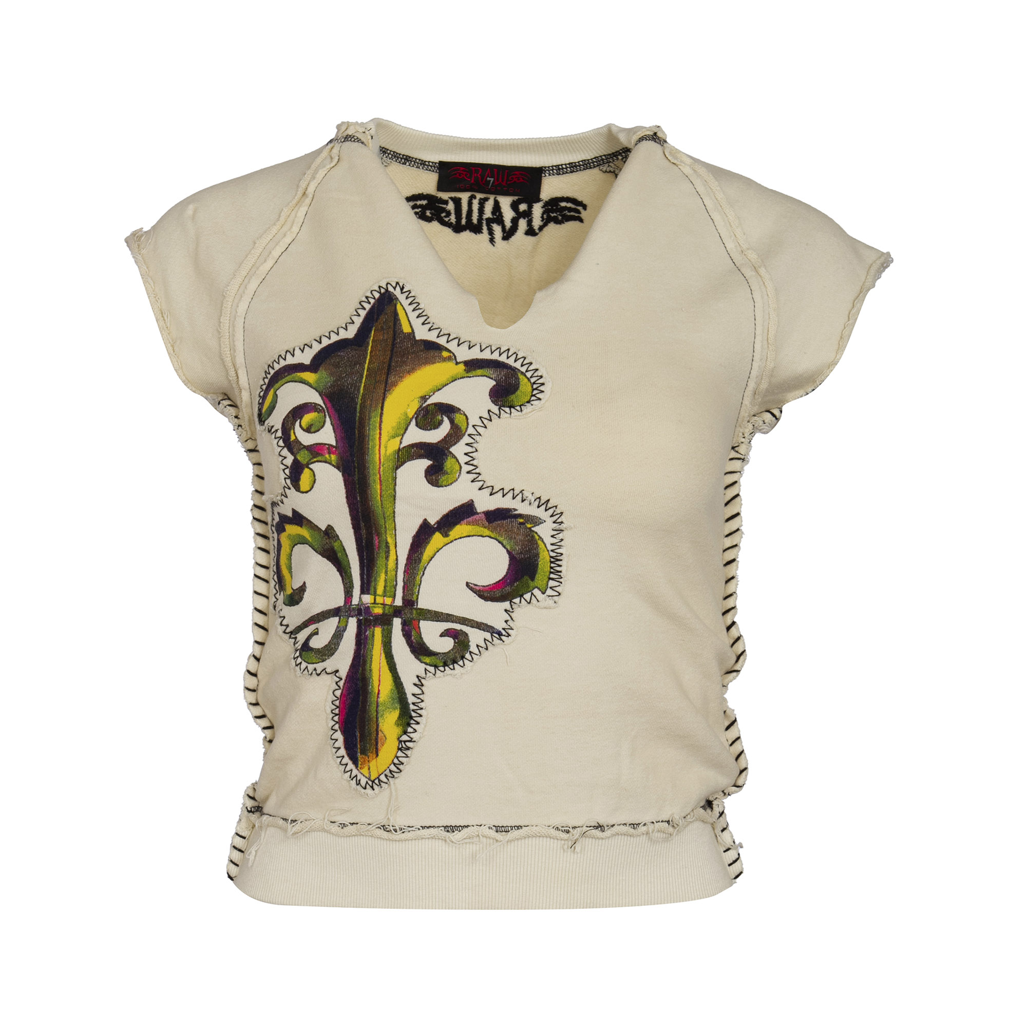 RAW 7 SWSRT102_IVORY RAW7 Women's - Cut Off V-Neck Sweatshirt Short Sleeve - Ivory