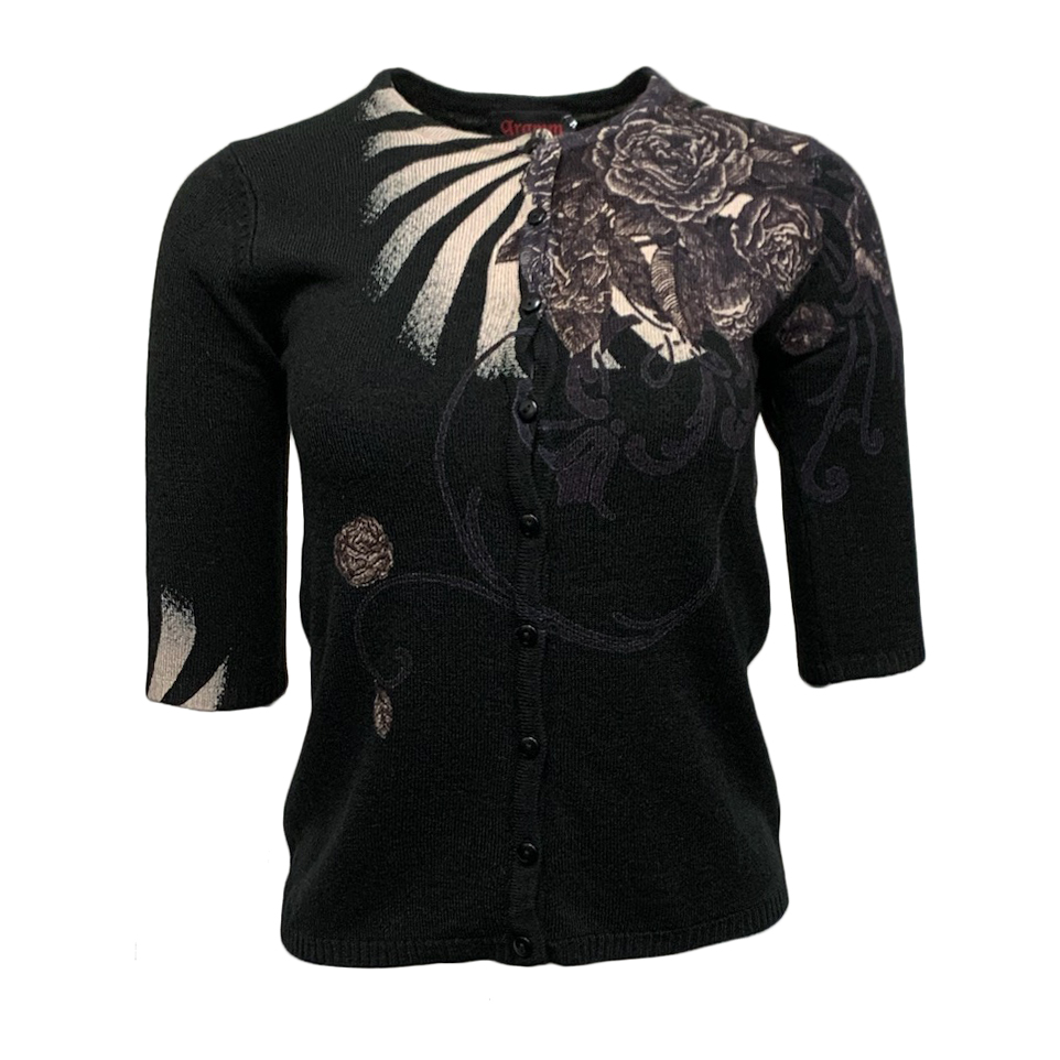 RAW 7 G7KT67-FLOWER-BLK Gramm Women's Button Down Sweater Flowers - Black
