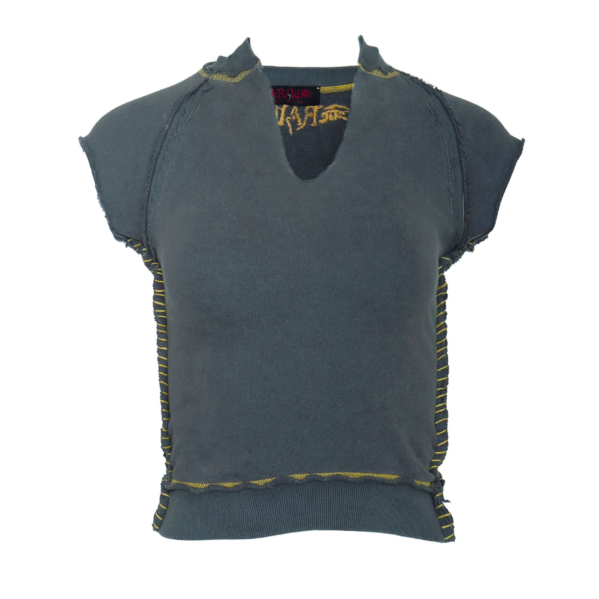 RAW 7 SWSRT102_STONE_CLOVER RAW7 Women's Stone Grey Cut Off V-Neck Sweatshirt Short Sleeved - Clover