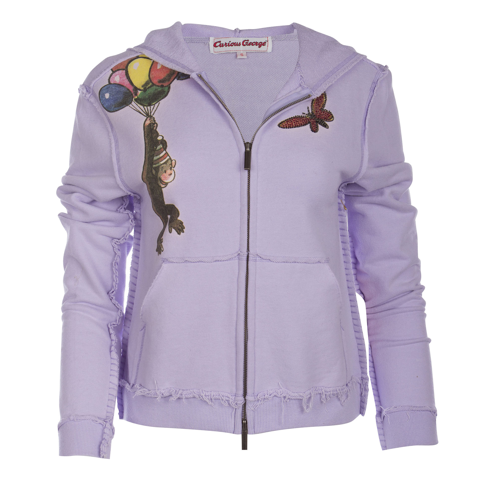 Curious George SWSRT231-LAVENDER Curious George Women's Lavender Zip Hoodie Balloons Design with Crystals