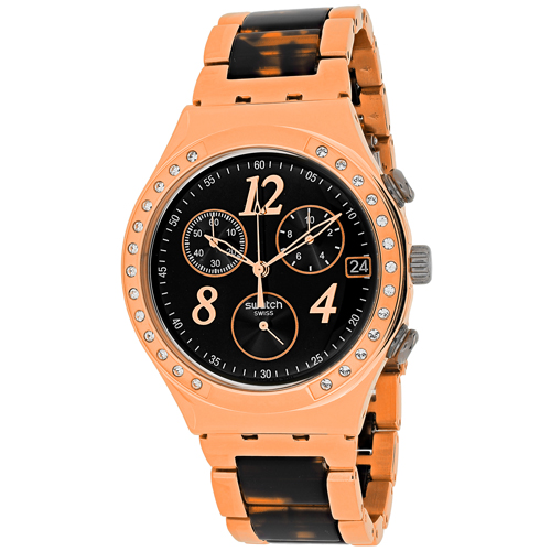 YCG404GC Swatch Womens Dreamnight Two-tone tortoise Rose gold Band Black Dial