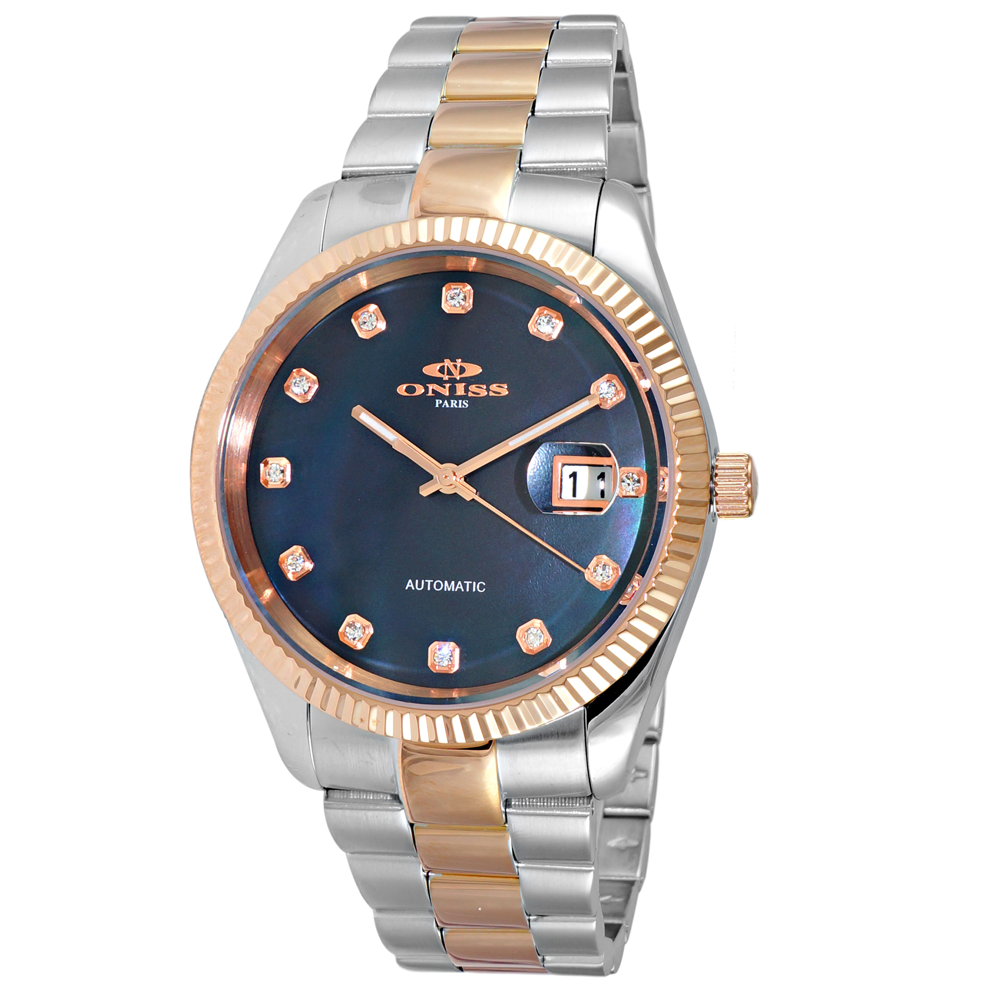 Oniss ON3885-2TBK Oniss RX Automatic Black Mother of Pearl Two Tone Rose Gold Glassback