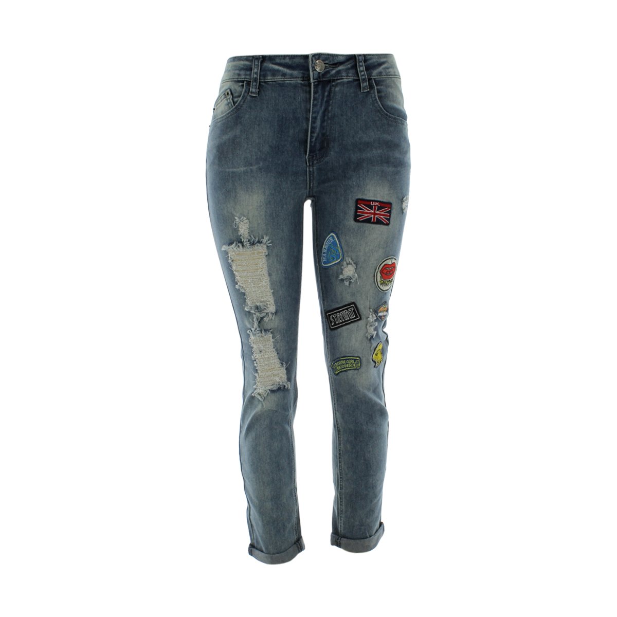 Bee & Ceci - Women's Patch & Rips Boyfriend Cuff Jeans - Medium Blue, Price: $24