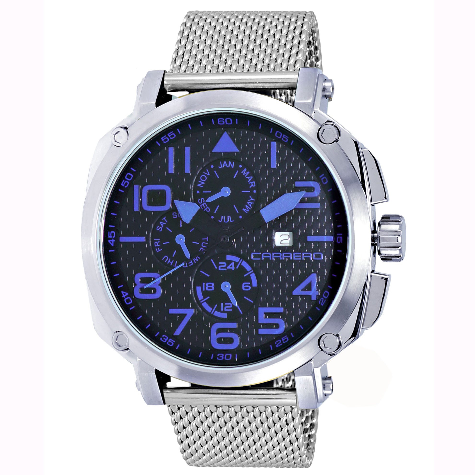 Carrero 9EA141R01-MESH Carrero Special Edition Swiss Triple Date Blue-Black Textured Dial Custom Dark Silver Mesh Band