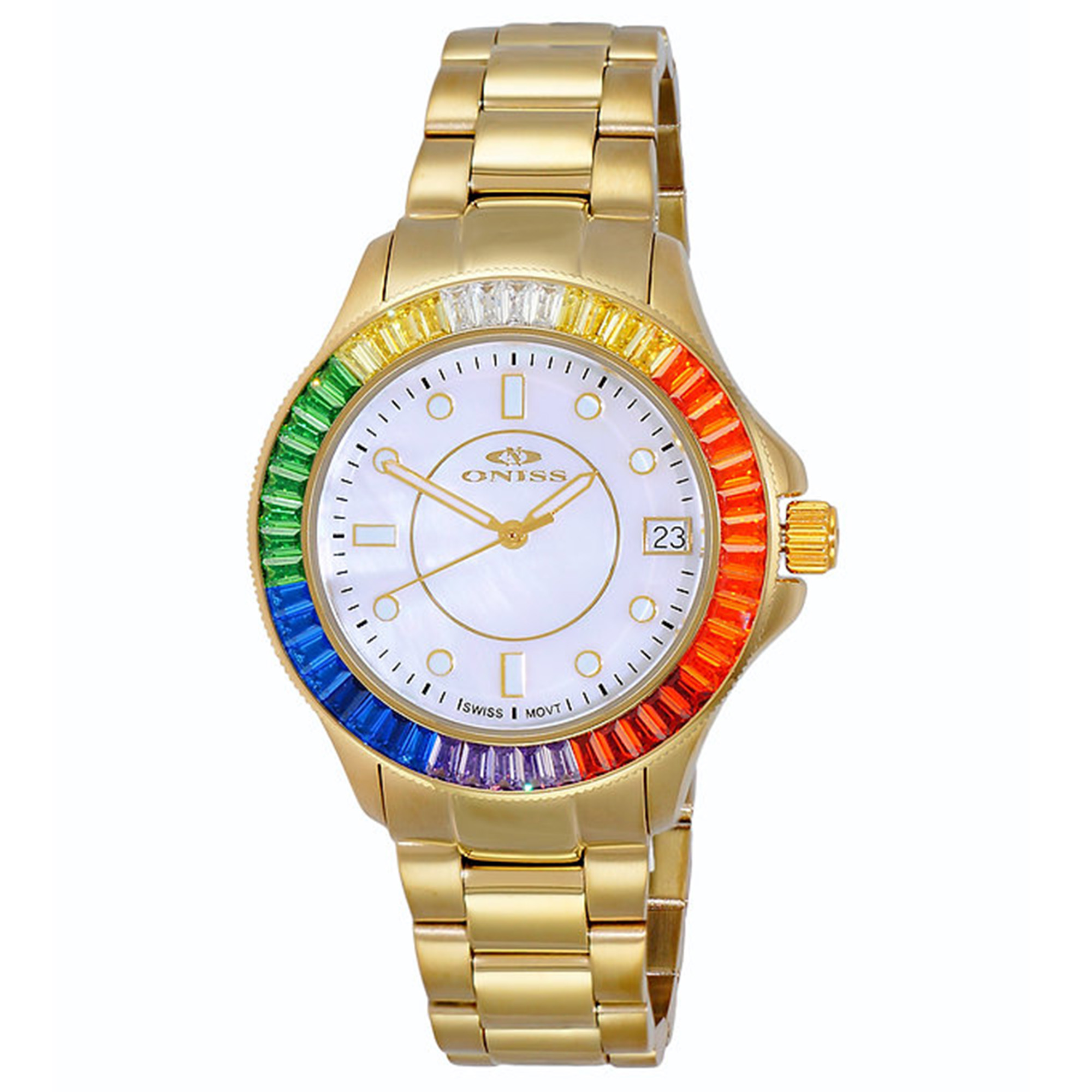 Oniss Ladies Swiss Movement Gold Tone White MOP Dial Multi Color Crystals,