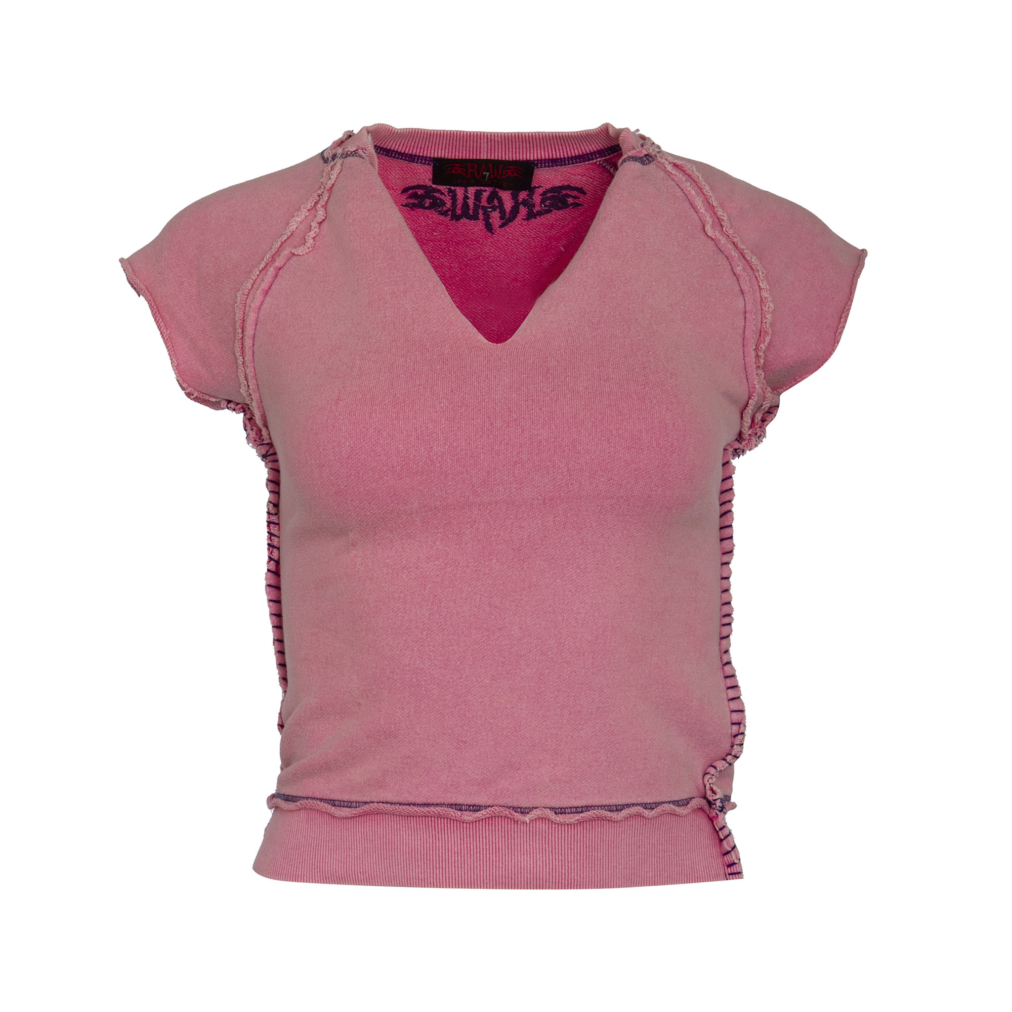 RAW 7 SWSRT102_PINK RAW7 Women's - Cut Off V-Neck Sweatshirt Short Sleeve - Pink
