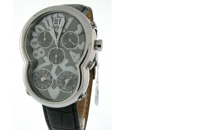 Voila Fig 8 3 Time Zone Chronograph - Stainless Steel - Metallic Black Dial - Silver Numbers - Quartz