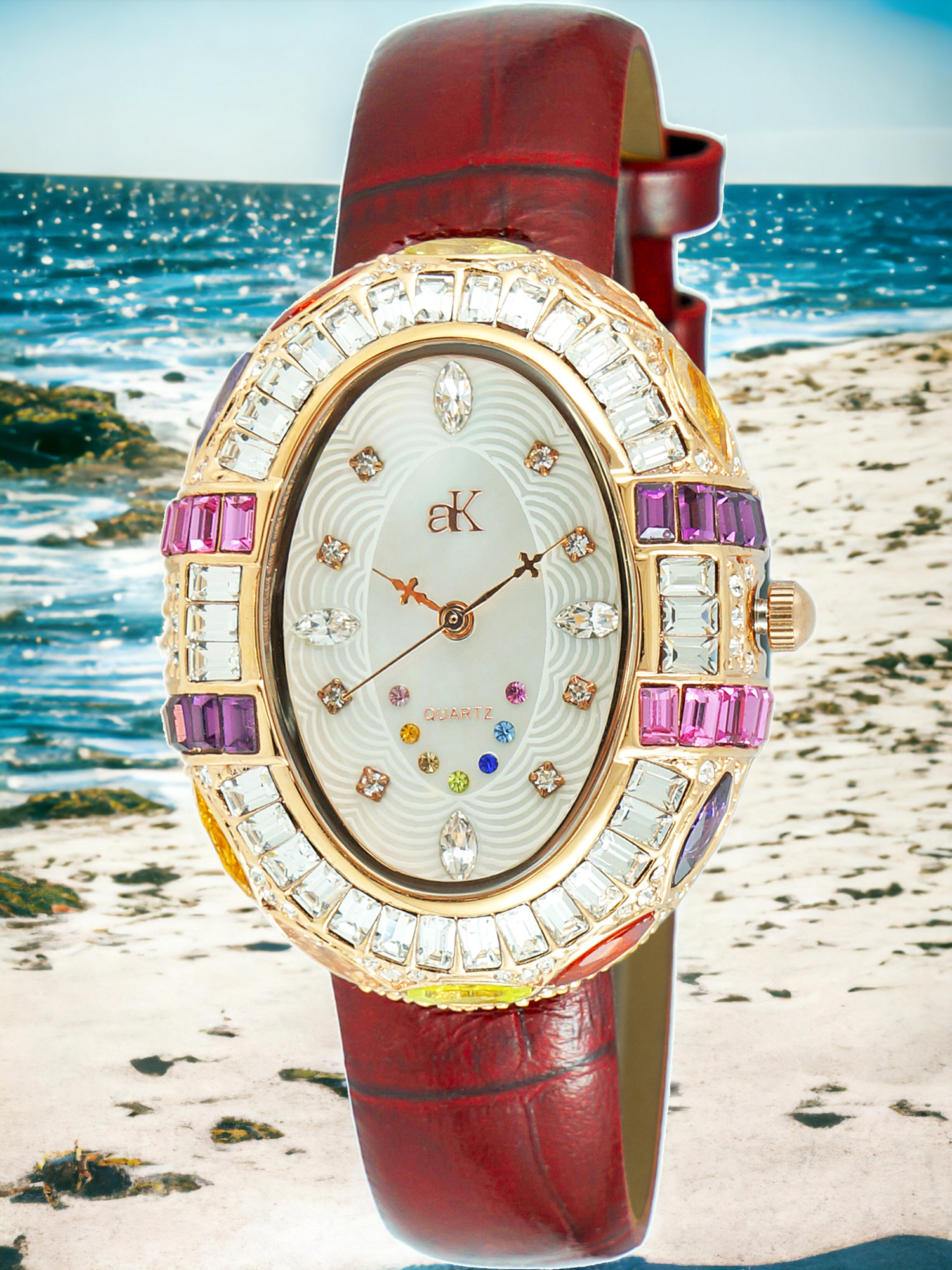 AK2113-LRG-9 Adee Kaye Ladies Watch CROWN Collection Rose tone Brass Rhodium Plated, 158 pcs. Setting Stone,