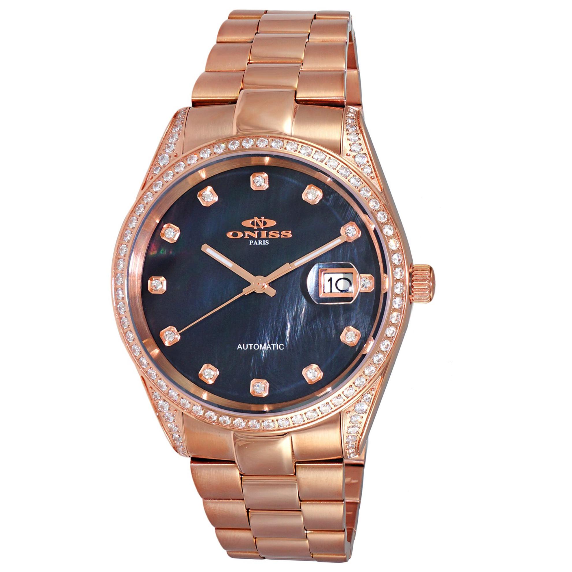 Oniss ON3885-RGBK_3880RG Oniss Men's RX Full Setting (Grade A) Austrian Crystals Rose Gold Black MOP