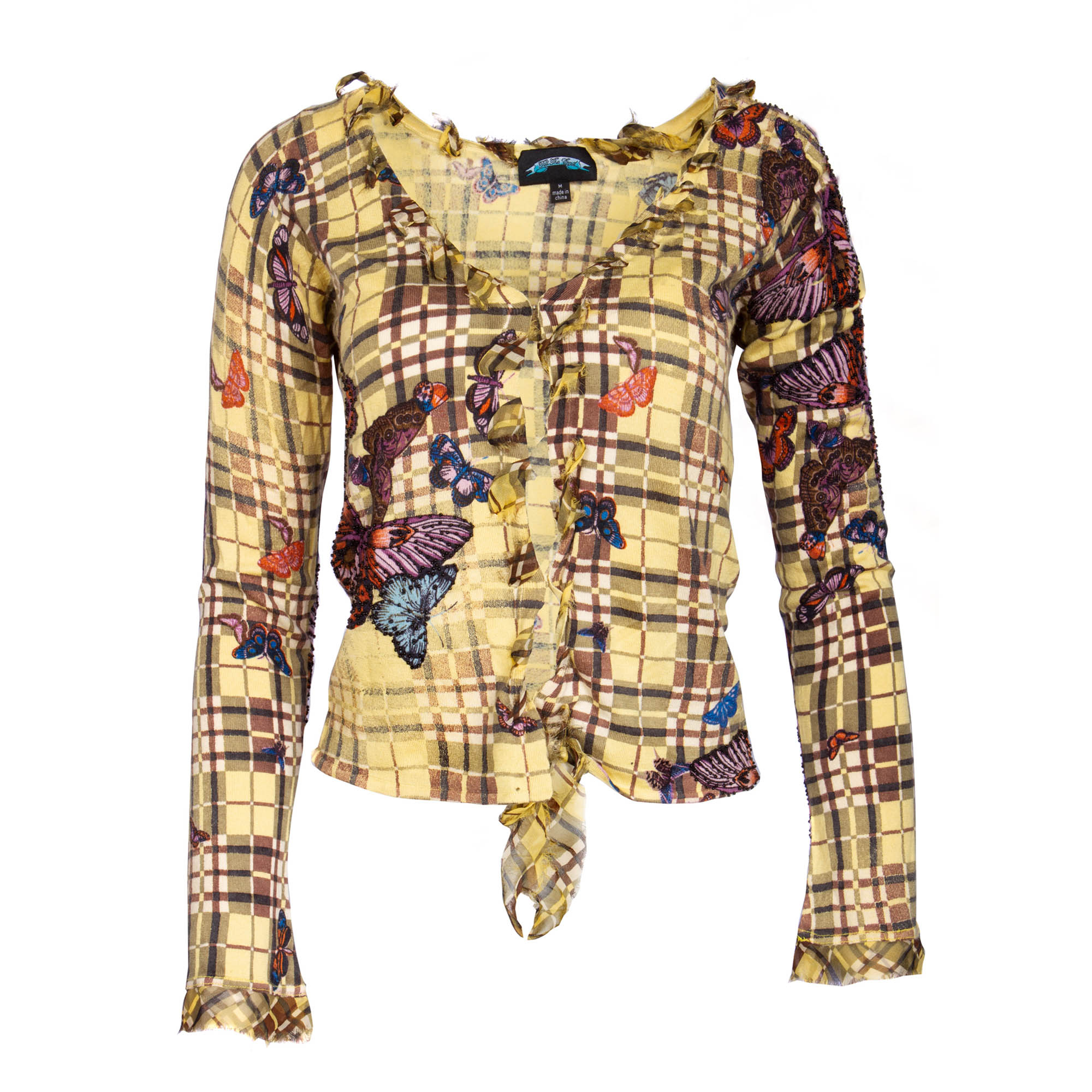 Till The End TTK4B01 Till The End Women's Yellow Plaid Long Sleeve Top Butterfly Graphics
