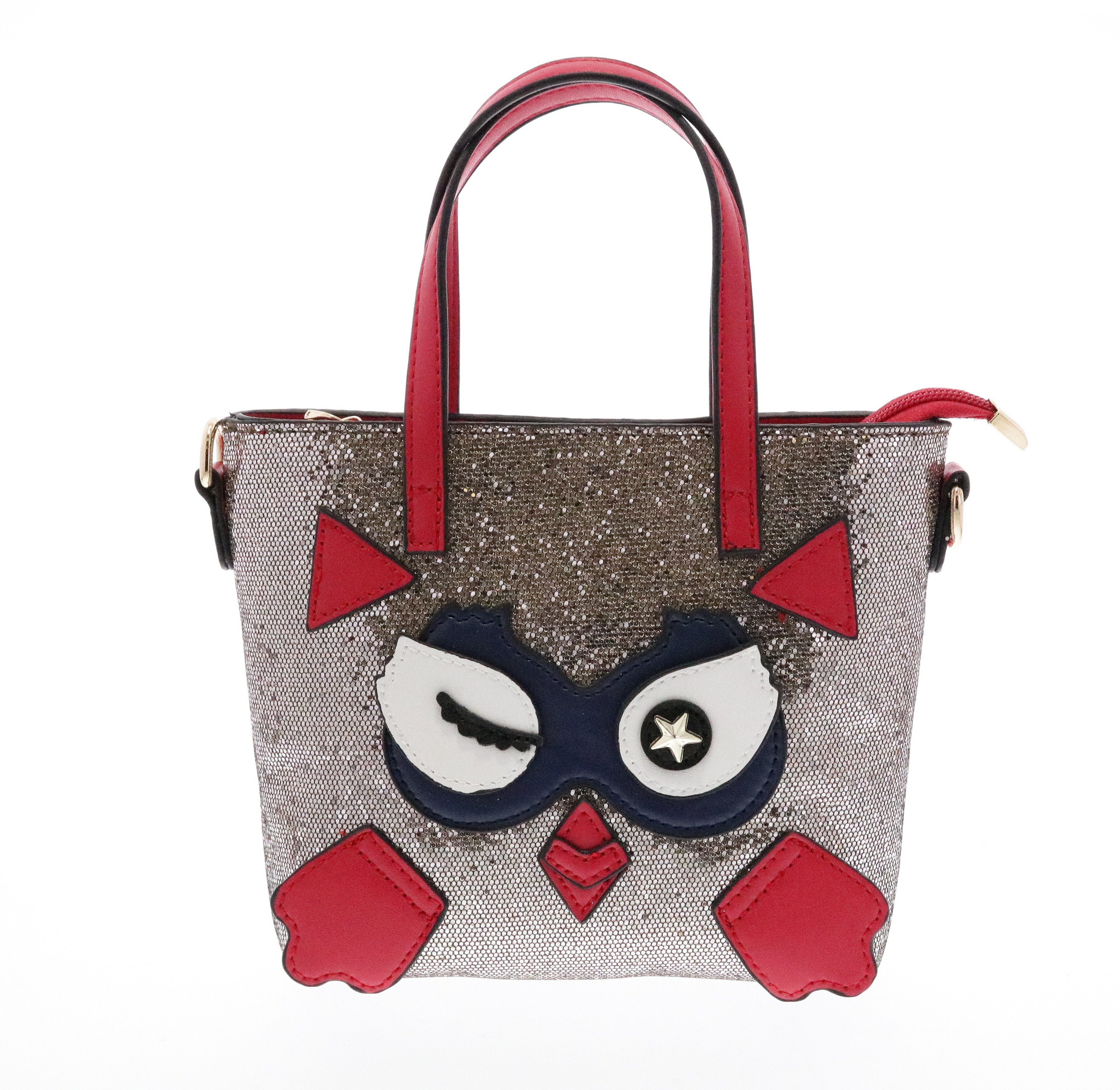 B9531-OS-Red Raw 7 by Doe A Dear Red PU Glitter Top Handle Purse with Winking Owl