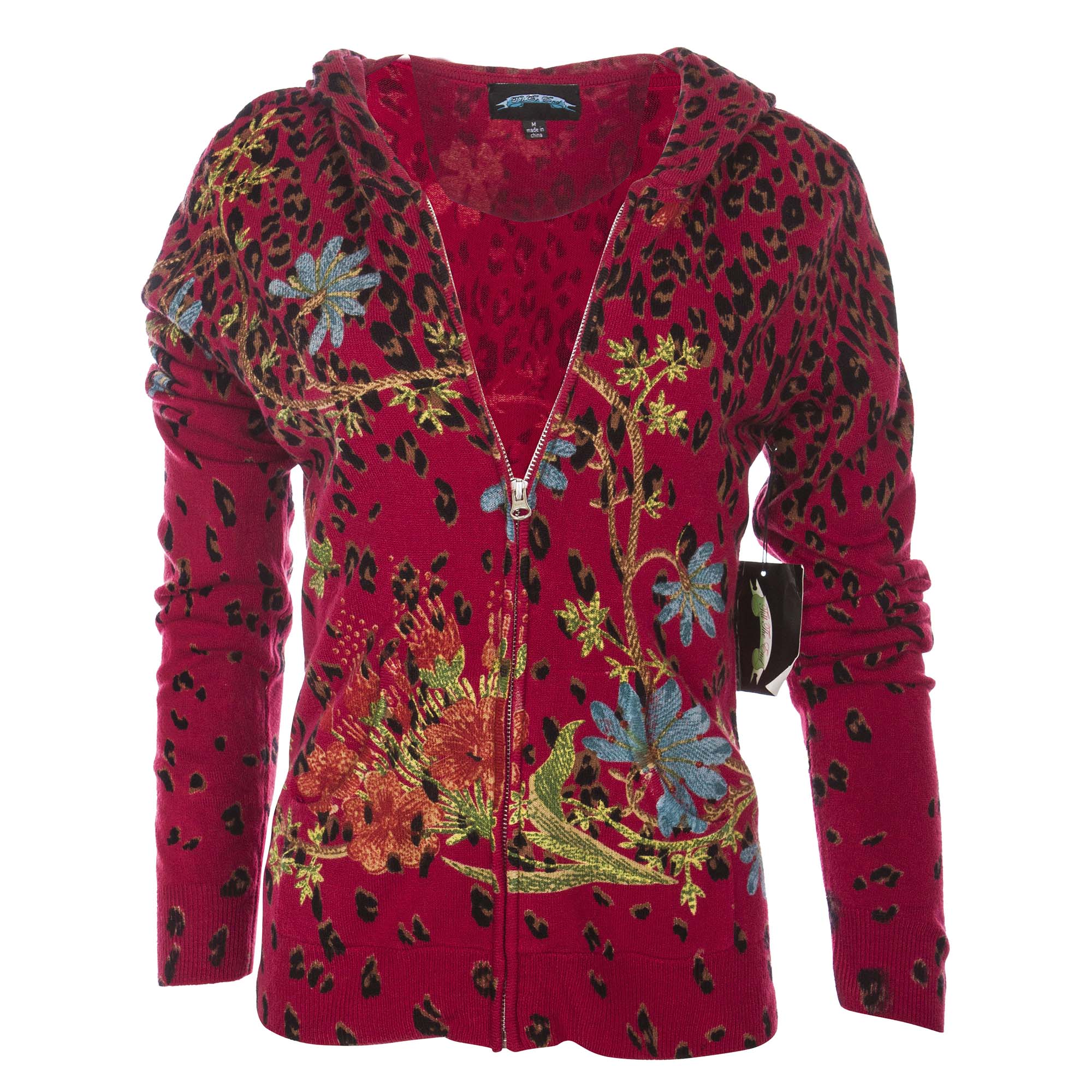 Till The End T09102-Red-GardenLeopard Till The End Women's Acrylic Zip Hoody Garden Leopard - Red