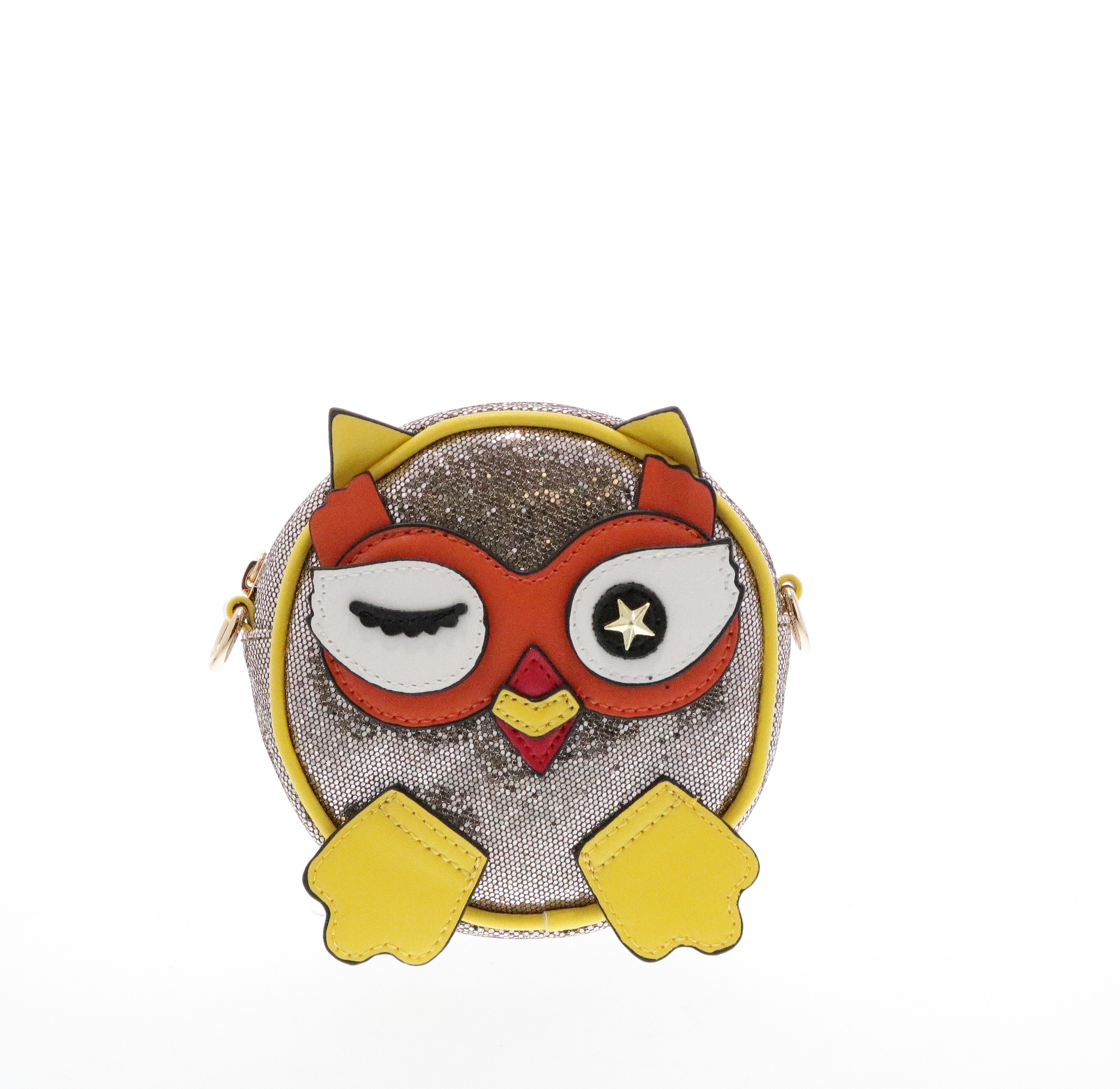 B9532-Y-Yellow Raw 7 by Doe A Dear Yellow Winking Owl Round Crossbody Bag