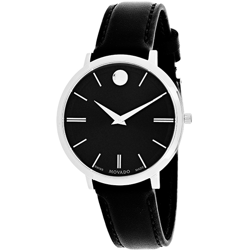 607090 Movado Womens Ultra Slim 607090 Black Band Black Dial