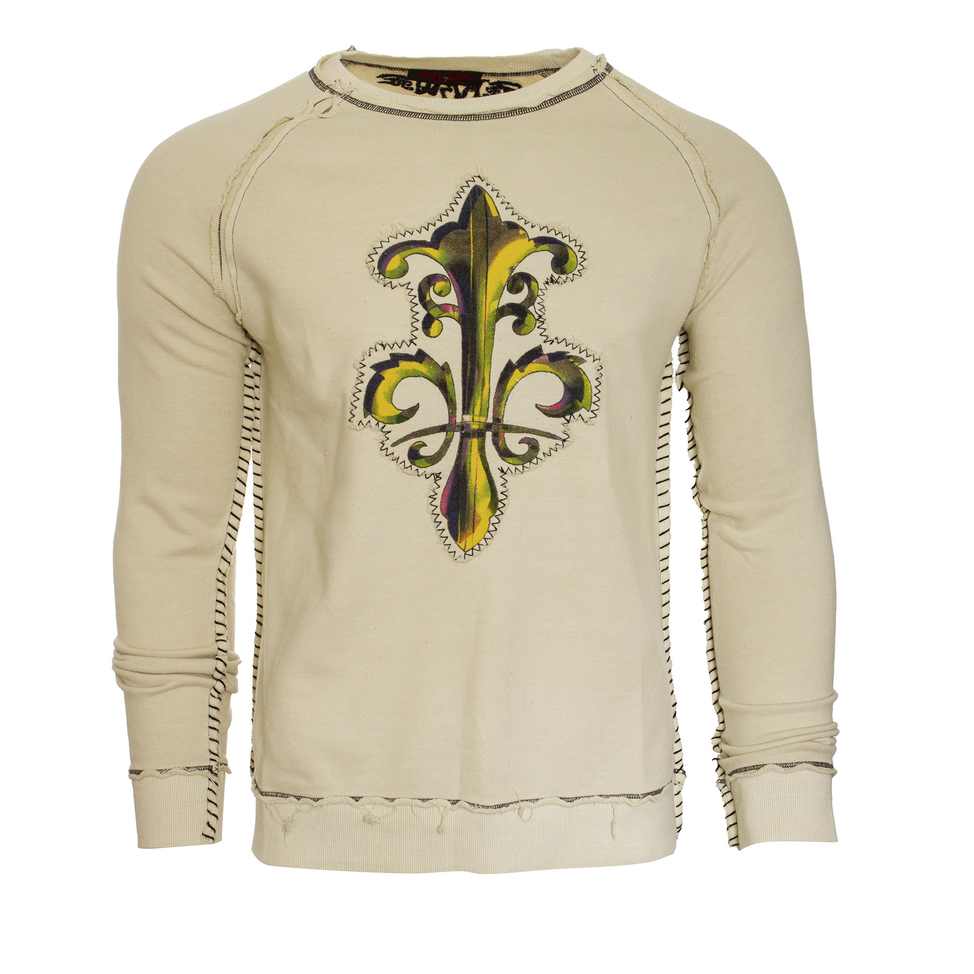 RAW 7 SWSRT105-GOTH-IVORY Raw7 Men's Ivory Crew Neck Sweater Fleur-de-lis Design
