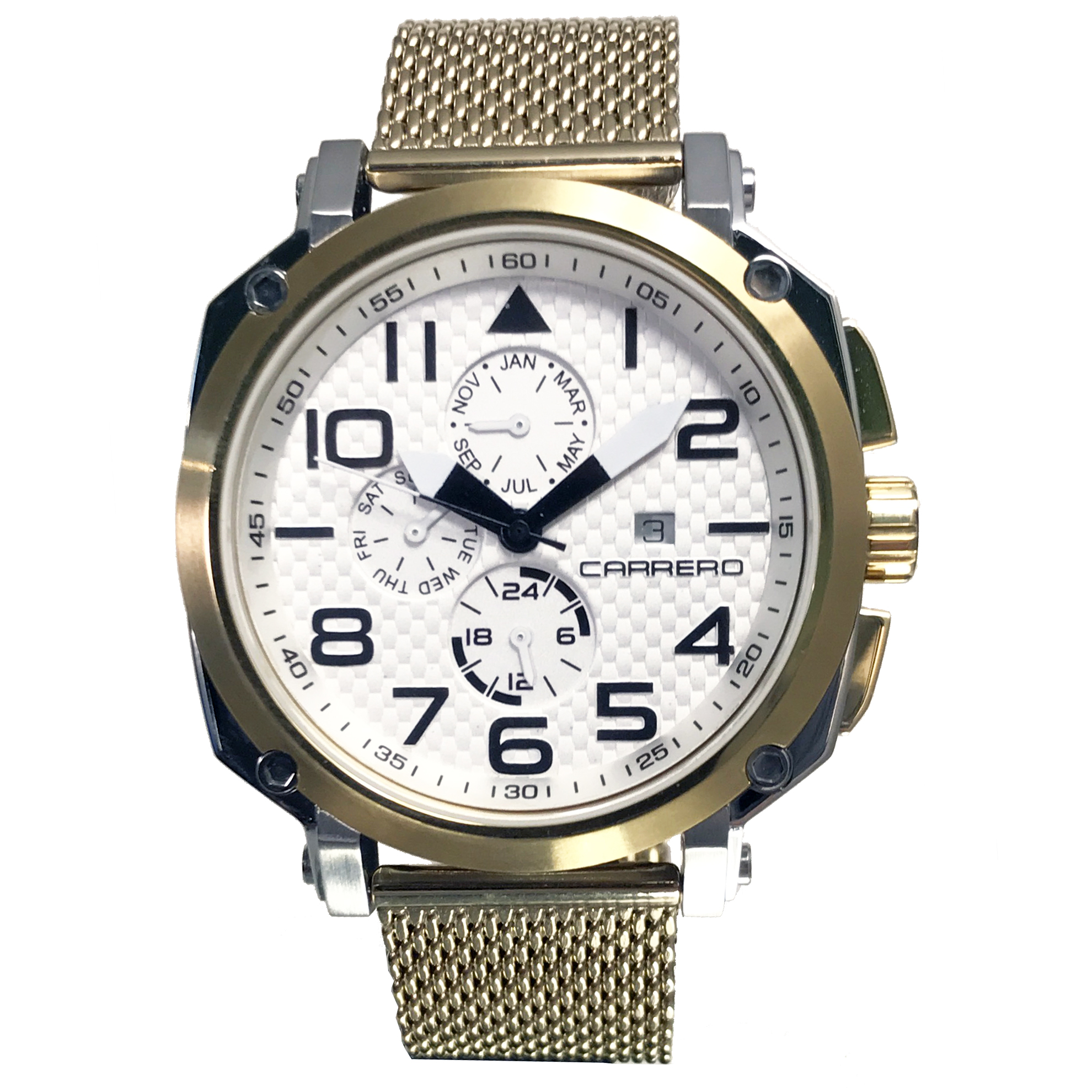 Carrero 9EA141402-GD-MESH Carrero Special Edition Swiss Triple Date White Textured with Gold Mesh Band