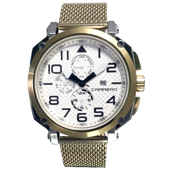 Carrero Special Edition Swiss Triple Date White Textured with Gold Mesh Band, Price: $269