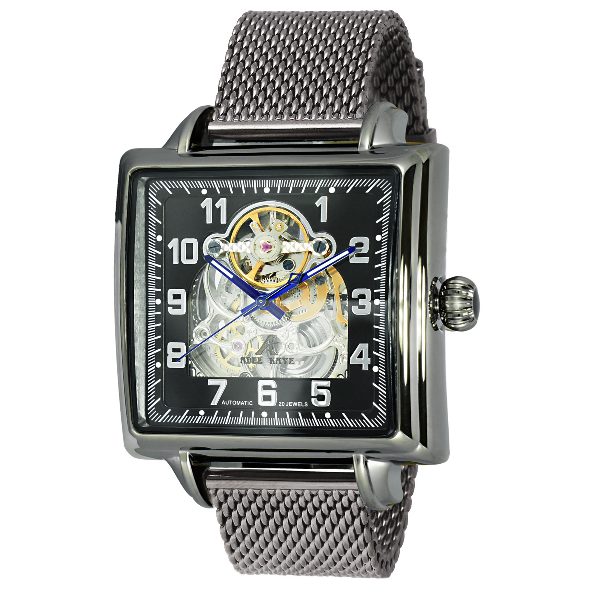 Adee Kaye AK8022-MGN-BKSV-GNMESH Adee Kaye Men's Elegante Collection Skeleton Automatic All Black/Silver Dial Mesh Band