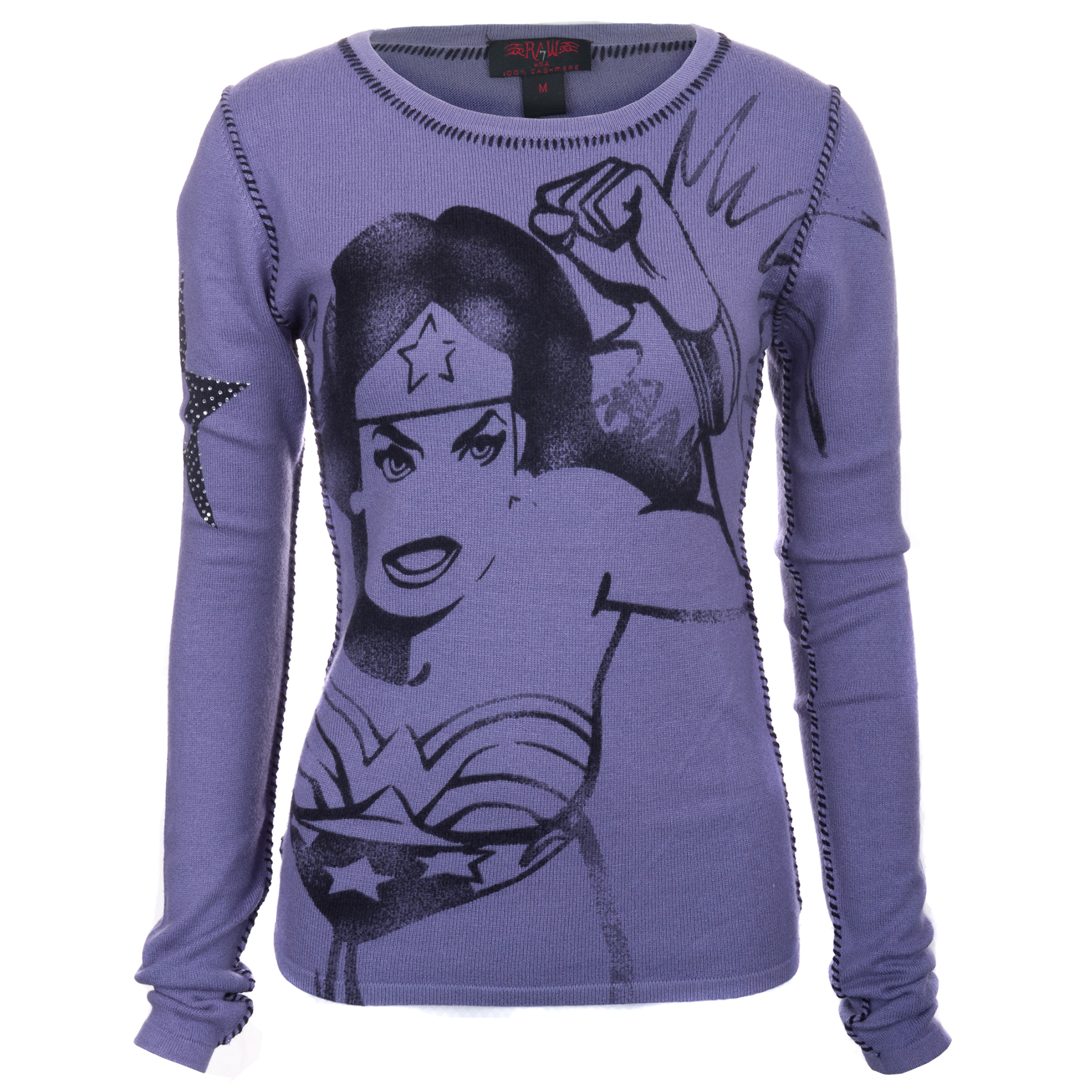 RAW 7 PCSH167AST Raw 7 100% Cashmere Womens Wonder Woman Sweater Aster Purple with Crystals