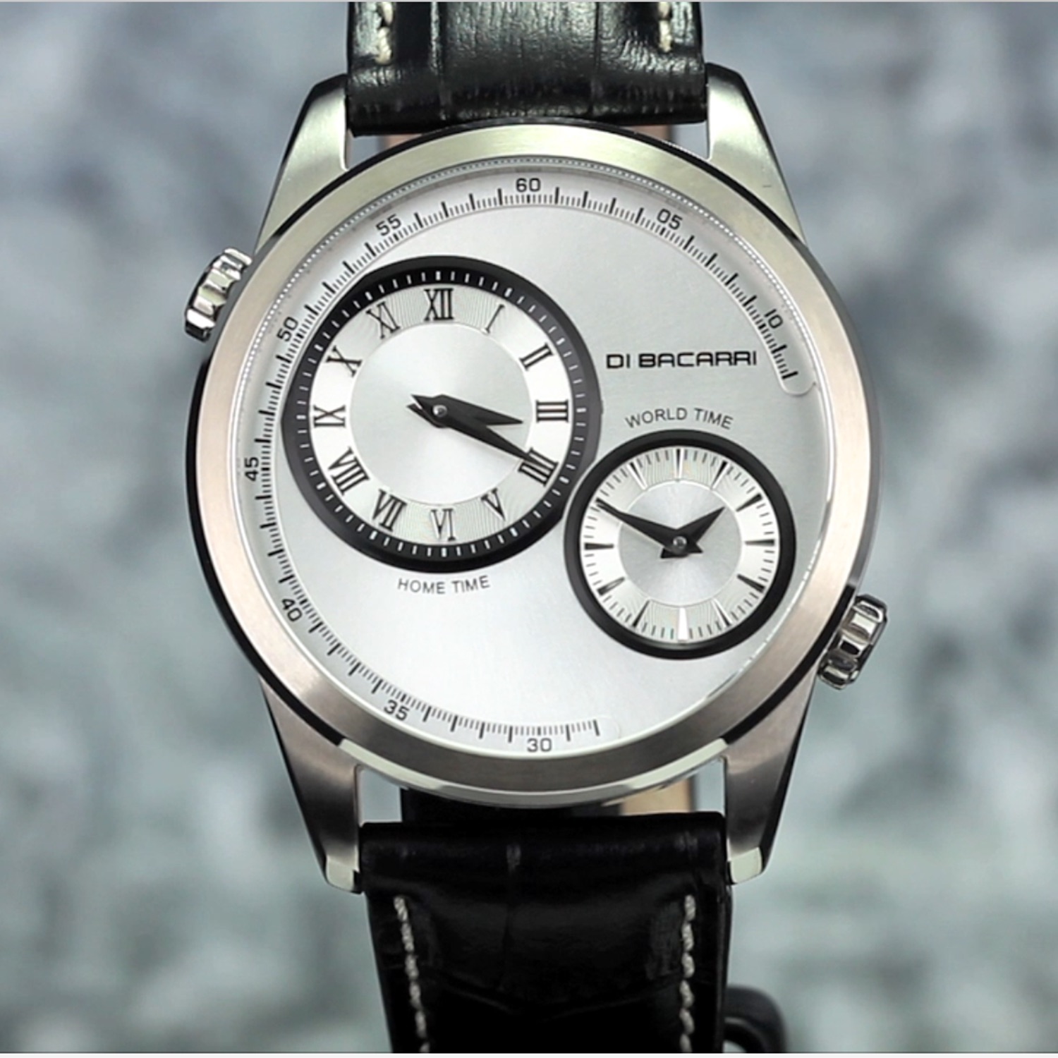 Di Bacarri Swiss Dual Time Silver Dial Watch Black Strap, Price: $349