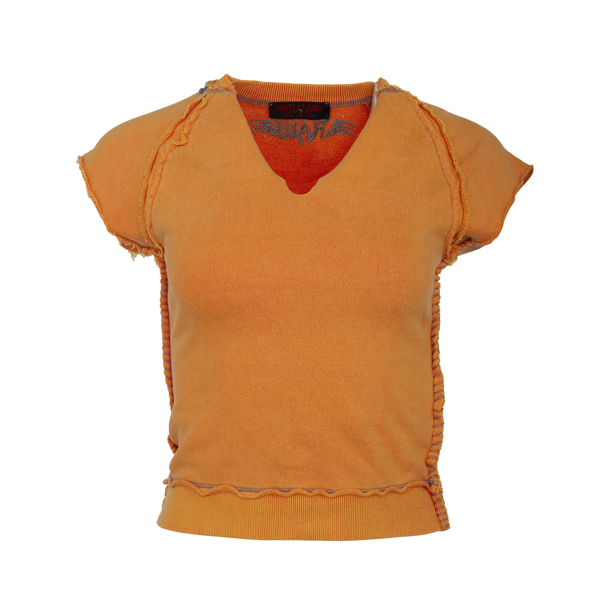 RAW 7 SWSRT102_ORANGE RAW7 Women's - Cut Off V-Neck Sweatshirt Short Sleeve - Orange