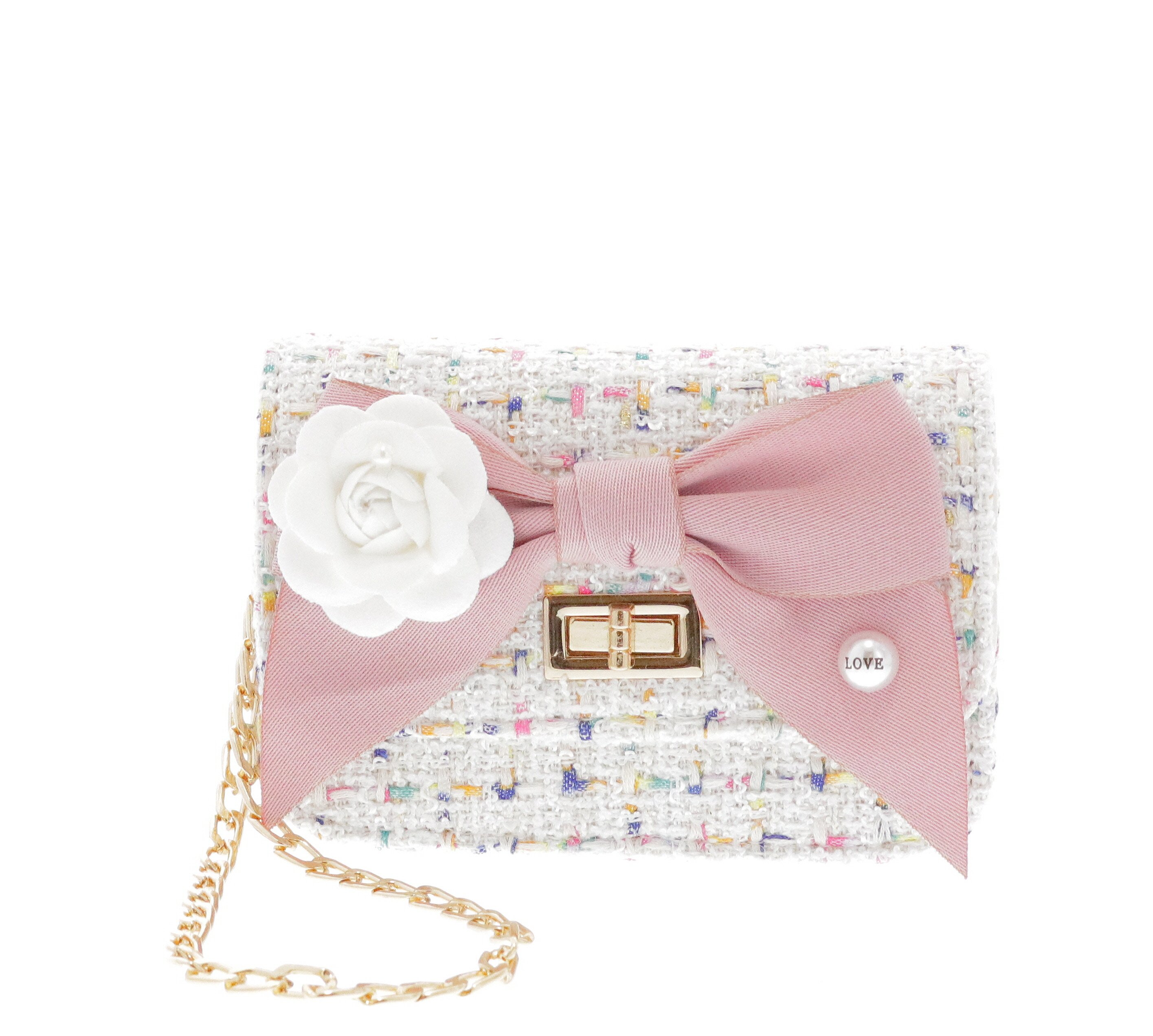 B9545-OS-WHITE Raw 7 by Doe A Dear Mini Boucle Bow Front Cross Body Bag - White