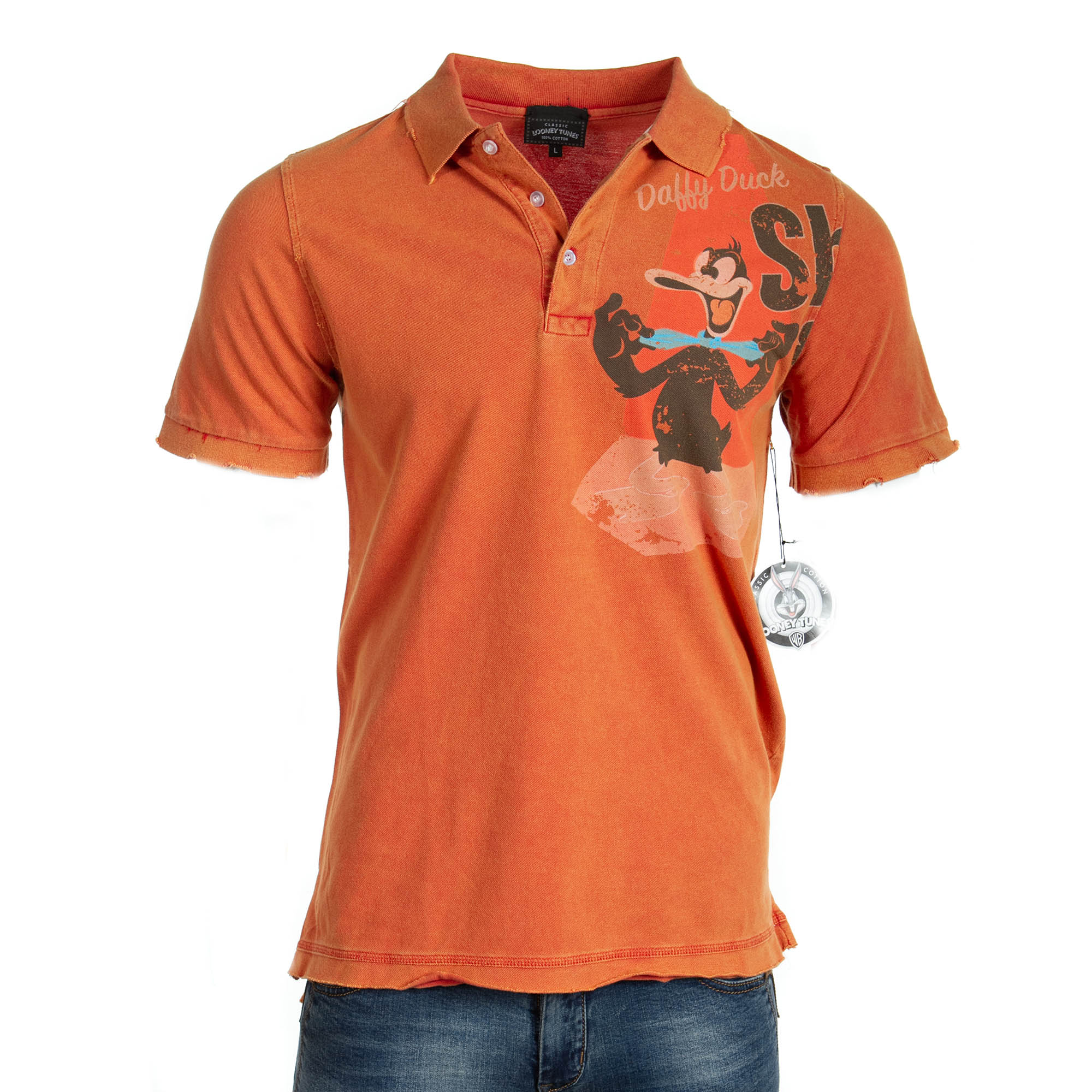 RAW 7 PL98_DAFFY_DUCK_DARK_ORANGE Raw7 Men's Looney Tunes Daffy Duck Orange Polo Shirt