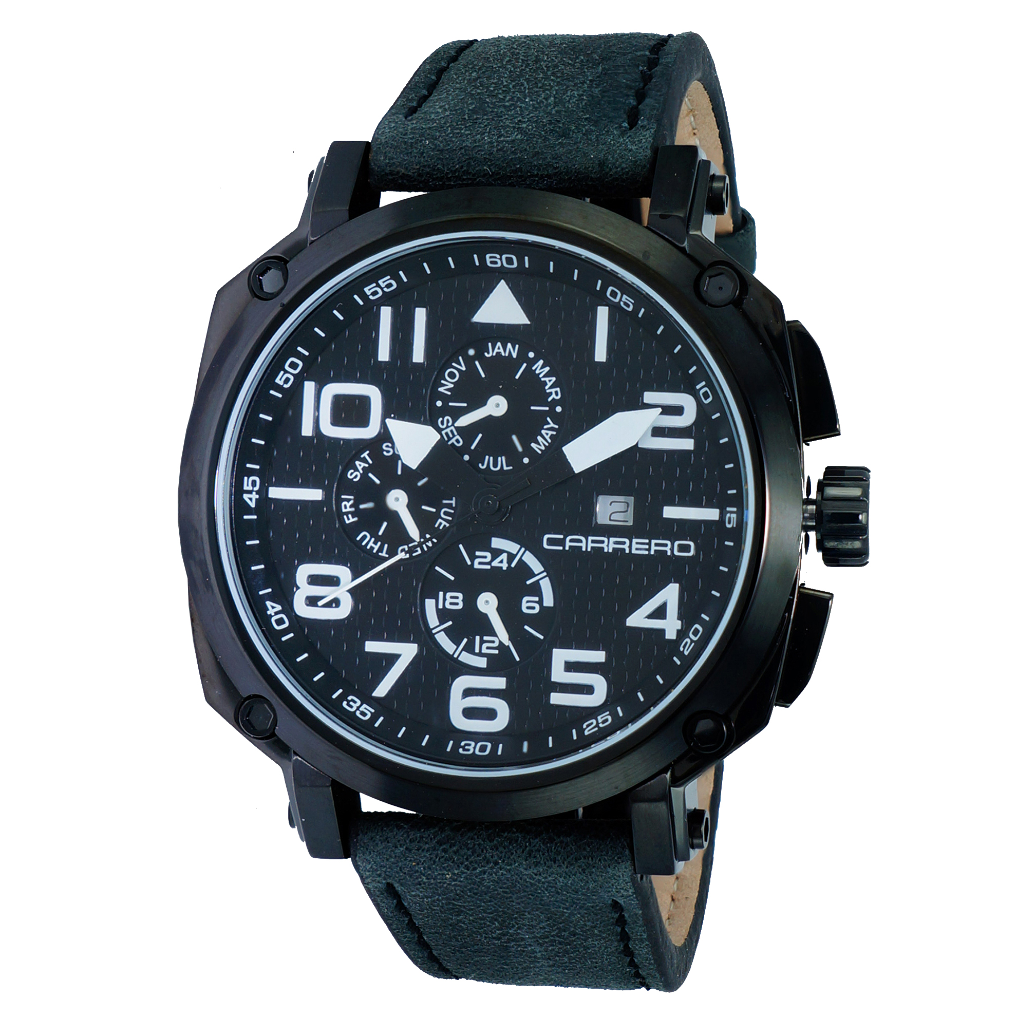 Carrero 9EA141MO2 Carrero Special Edition Swiss Multi-Function Black/White Textured Dial Black Leather Strap