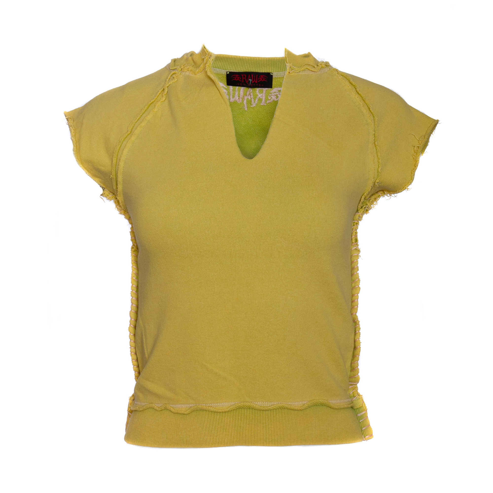 RAW 7 SWSRT102_ELF_SPIKE RAW7 Women's Green Cut Off V-Neck Sweatshirt Short Sleeved - Fleur-de-Lis