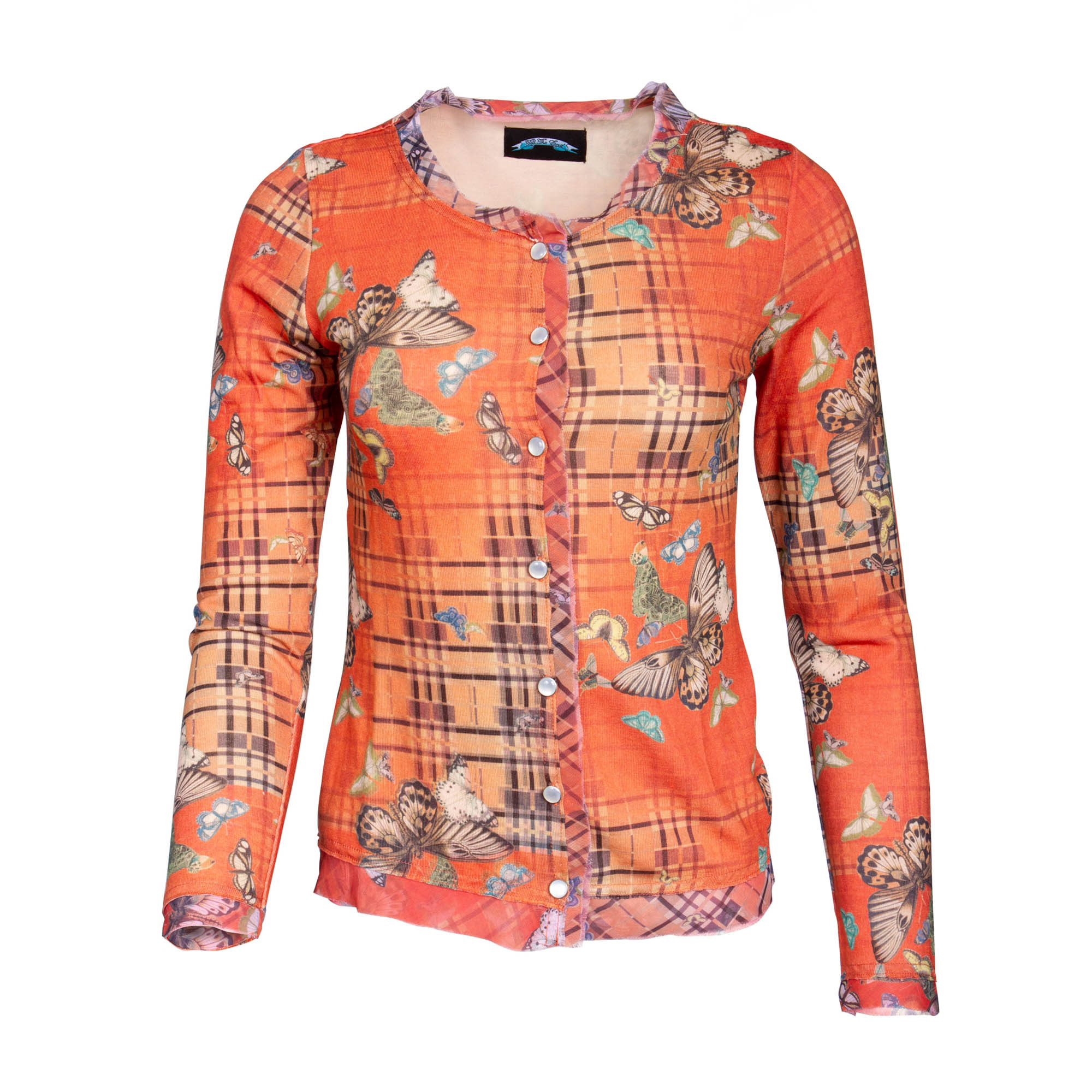 Till The End T09H06-3 Till The End Women's Orange Long Sleeve Button Down Top - Butterfly Design