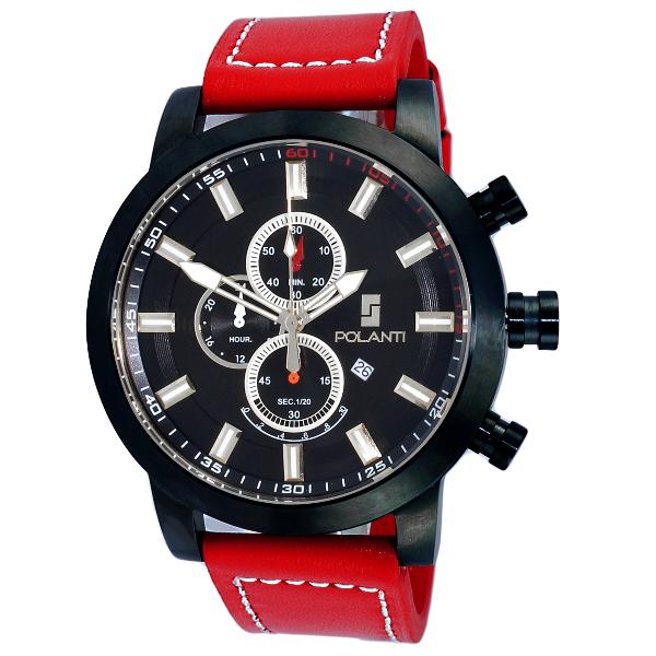 Polanti Retrograde Chronograph All Black with Red Leather Strap, Price: $269
