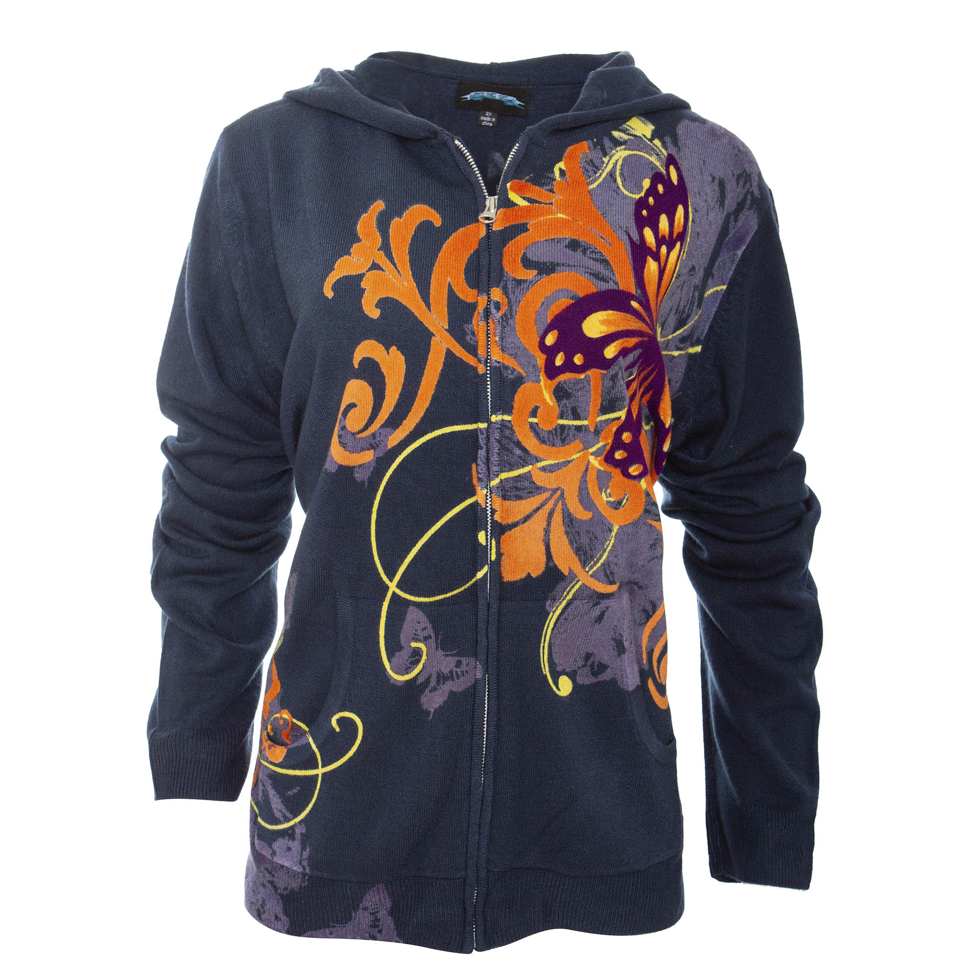 Till The End E09102-BUTTERFLY-NAVY Till The End by Raw7 Women's Blue Navy Hoodie Butterfly & Floral Accents