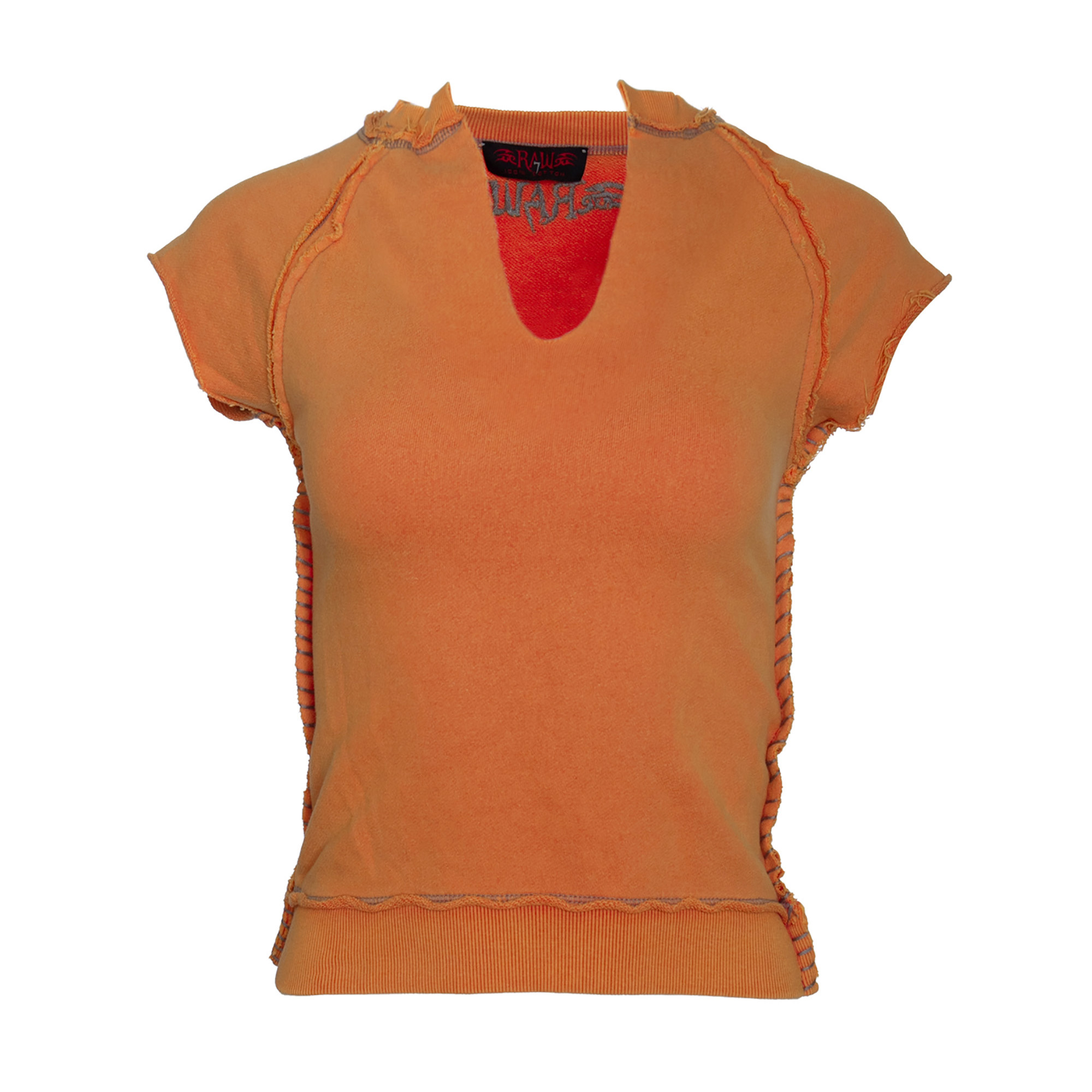 RAW7 Women's Orange Cut Off V-Neck Sweatshirt Short Sleeved - Clover, Price: $39