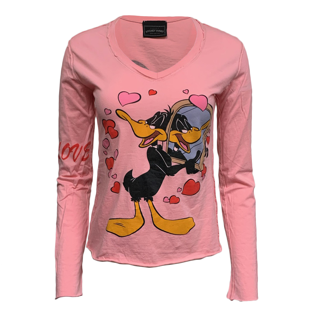 Looney Tunes PTS79-DAFFYD-CAKE Looney Tunes Women's Daffy Duck Long Sleeve V-Neck T-Shirt Pink