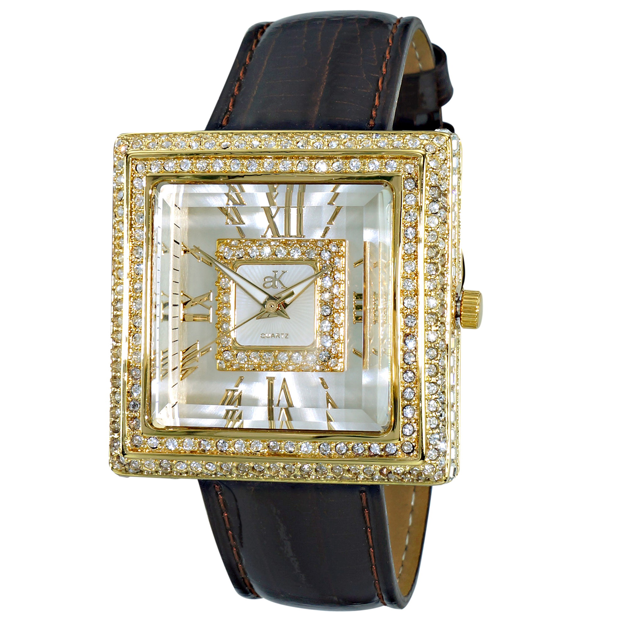 Adee Kaye AK25-LG Adee Kaye Ladies Milan Collection 370 Austrian Crystals Gold Dark Brown Leather Band