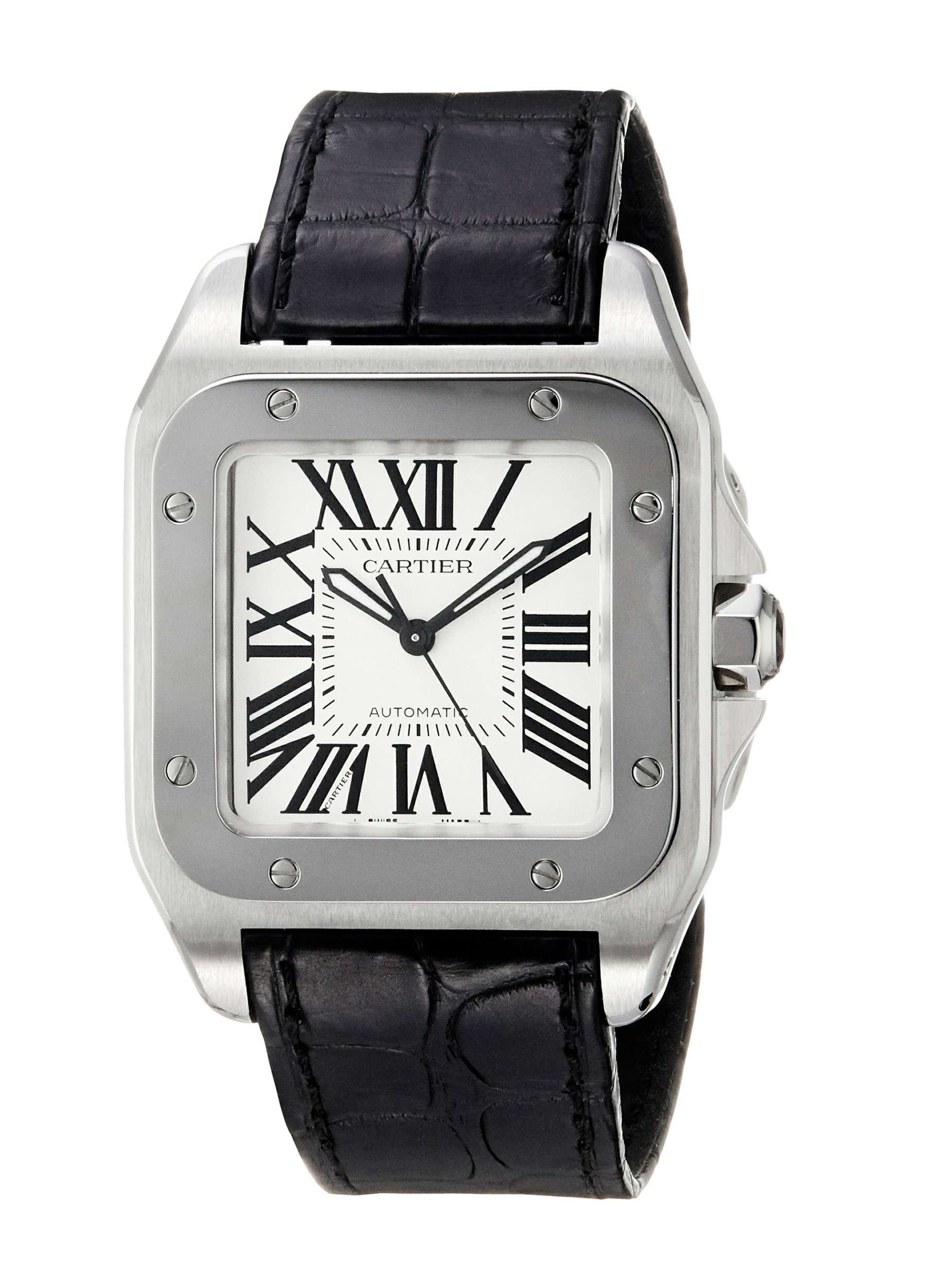 B000SBN6CU B000SBN6CU To UK £5283 US $4915 Cartier Unisex Santos 100 Black Leather Band Steel Case Automatic Silver-Tone Dial Analog Watch W20106X8