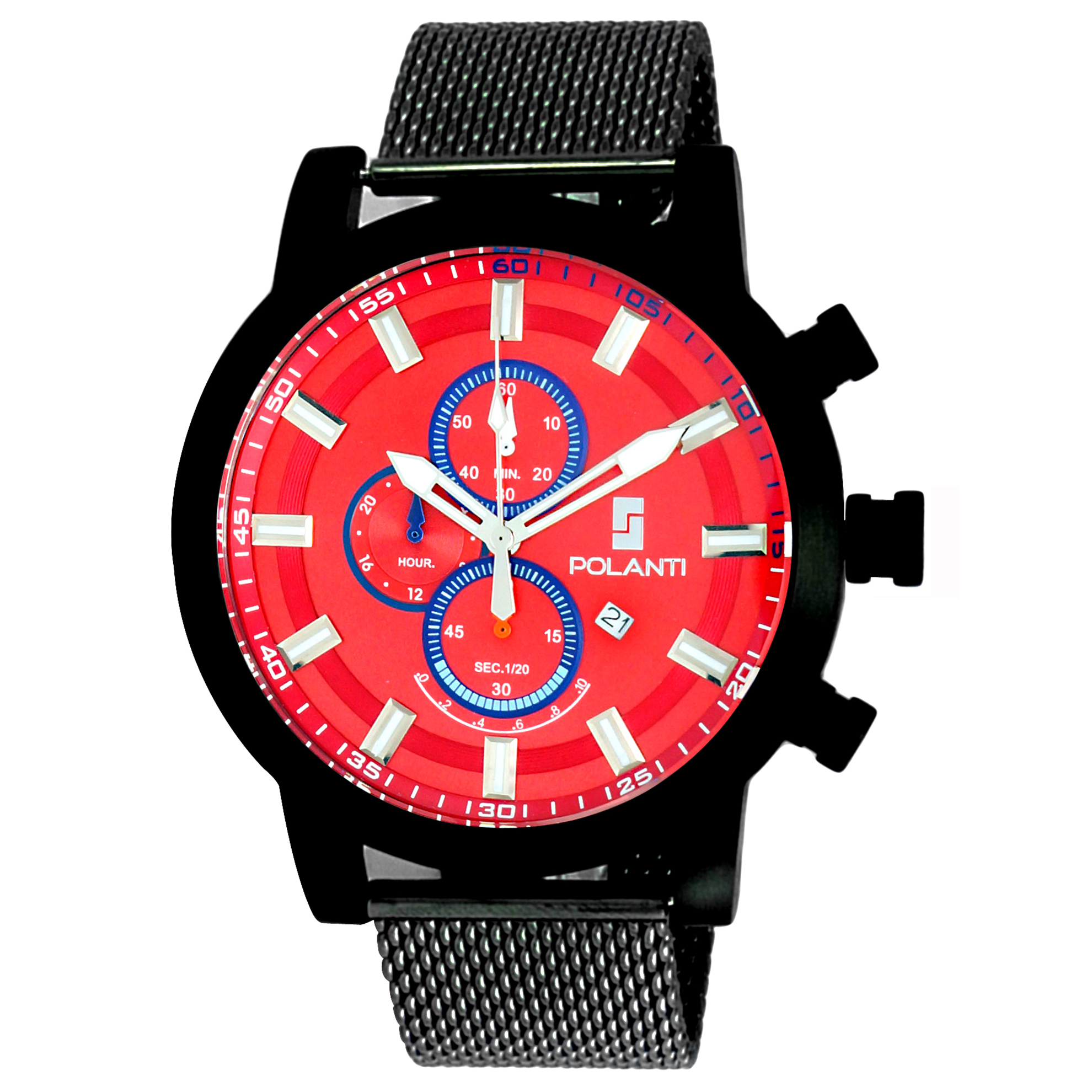 Polanti RG0001C-IPB-GNMESH-RD Polanti Retrograde Chronograph All Black with Red Dial Mesh Band