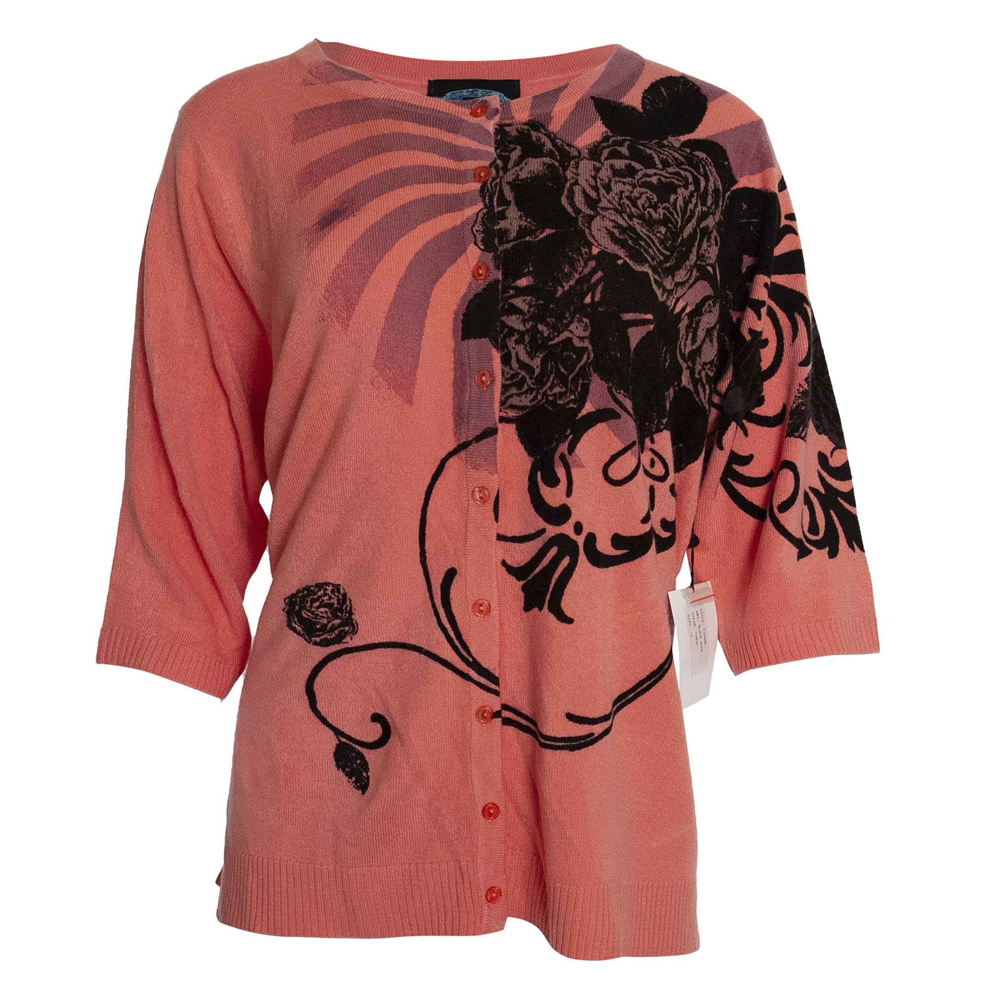 Till The End E10A06-BLK-SALMON Till The End by Raw7 Women's Coral Cardigan With Black Rose