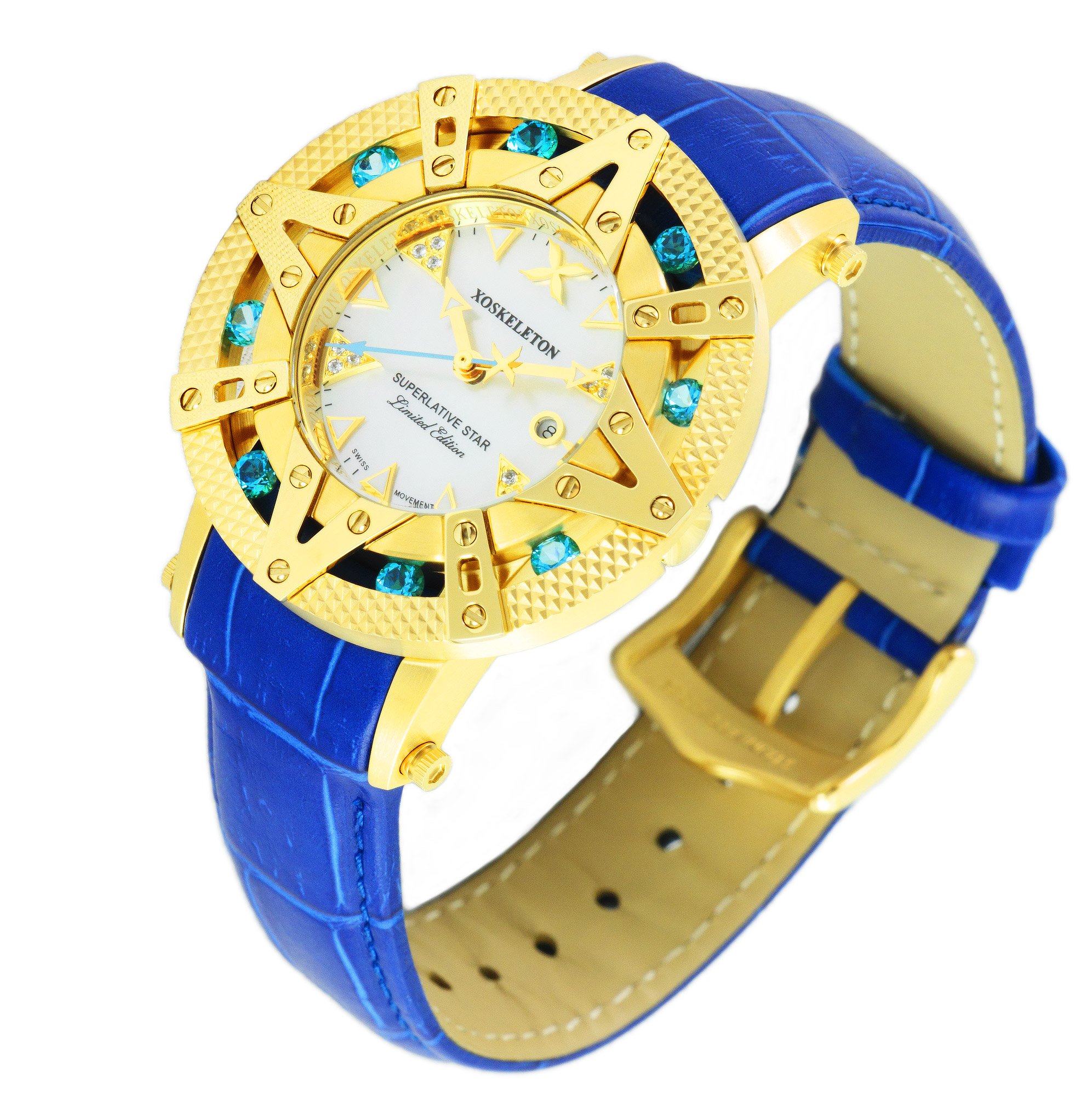 XOSkeleton B0725JH8NJ B0725JH8NJ XOSkeleton Superlative Star Limited Edition Swiss Movement Gold Tone White MOP Dial Blue Leather Strap -50pcs