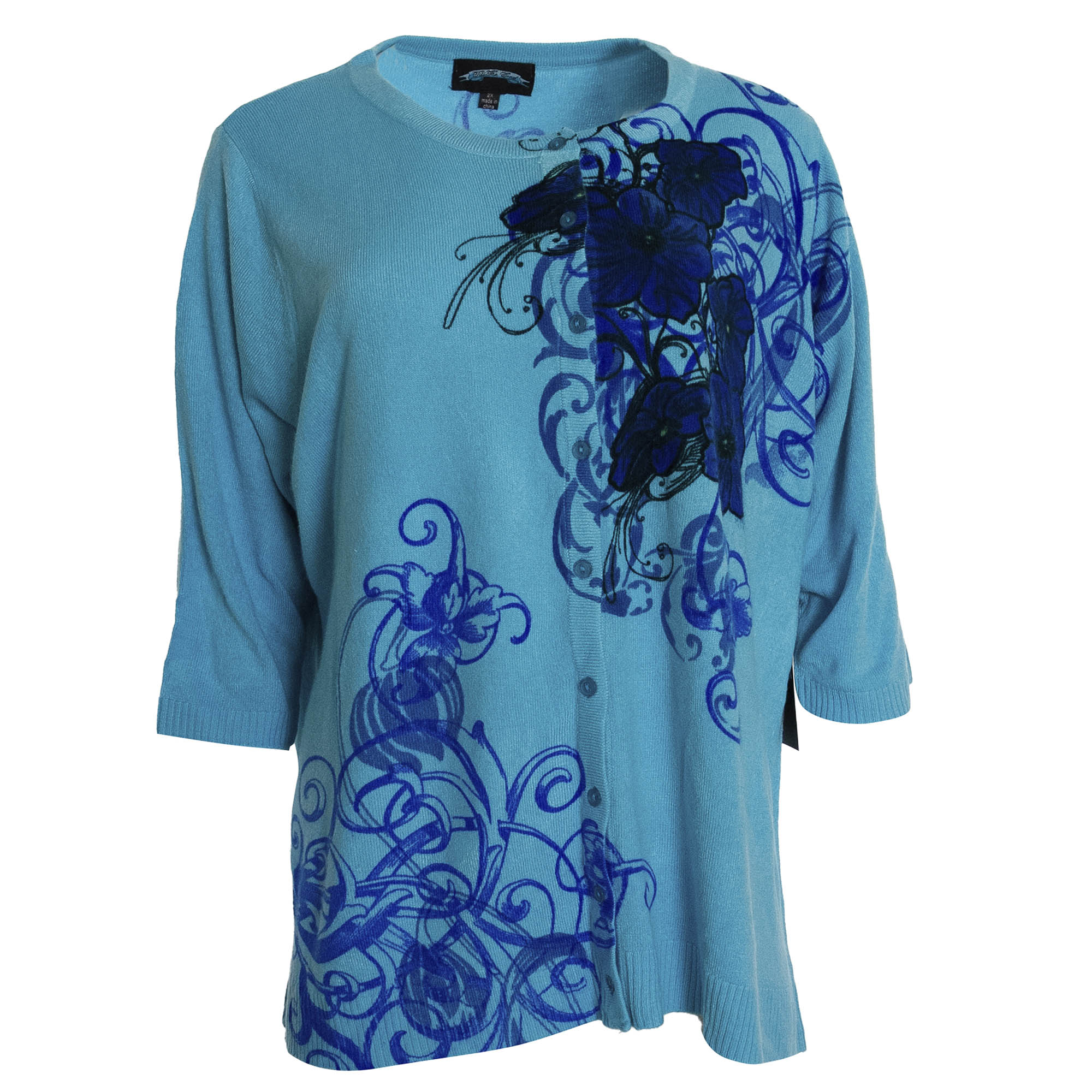 Till The End E10A06-HIBISCUS-BLUE Till The End Raw7 Women's Blue Cardigan With Hibiscus Theme