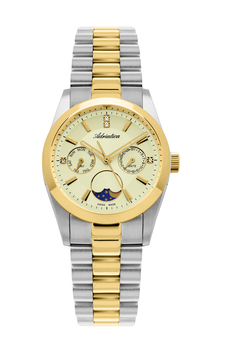 Adriatica A3802.2191QF Adriatica Women 3802 Date/Day MoonPhase 36mm Gold Dial Swiss Made  Stainless Steel Case