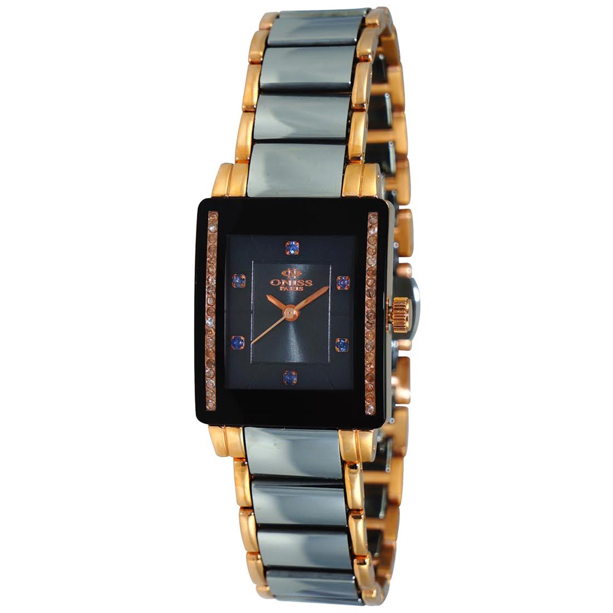 Oniss ON613-LRG Oniss Ladies Swiss Sapphire Tungsten Rose Gold Black Tank