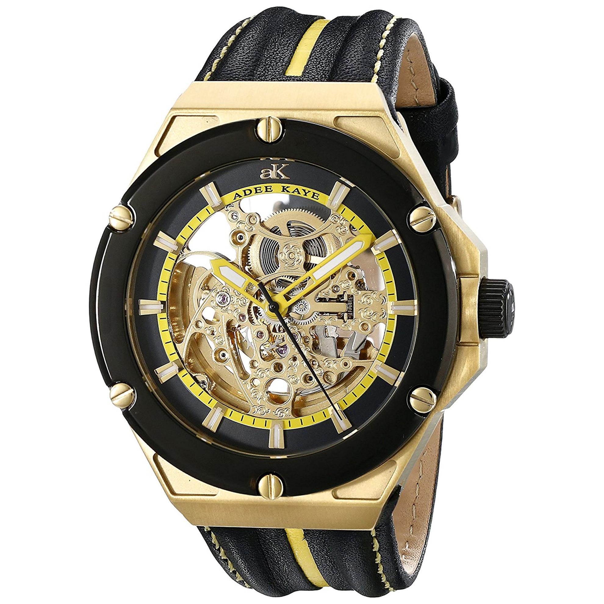 Adee Kaye AK2240-MG-YW Adee Kaye Skeleton Automatic Gold Tone Black Yellow Dial Black Leather Strap