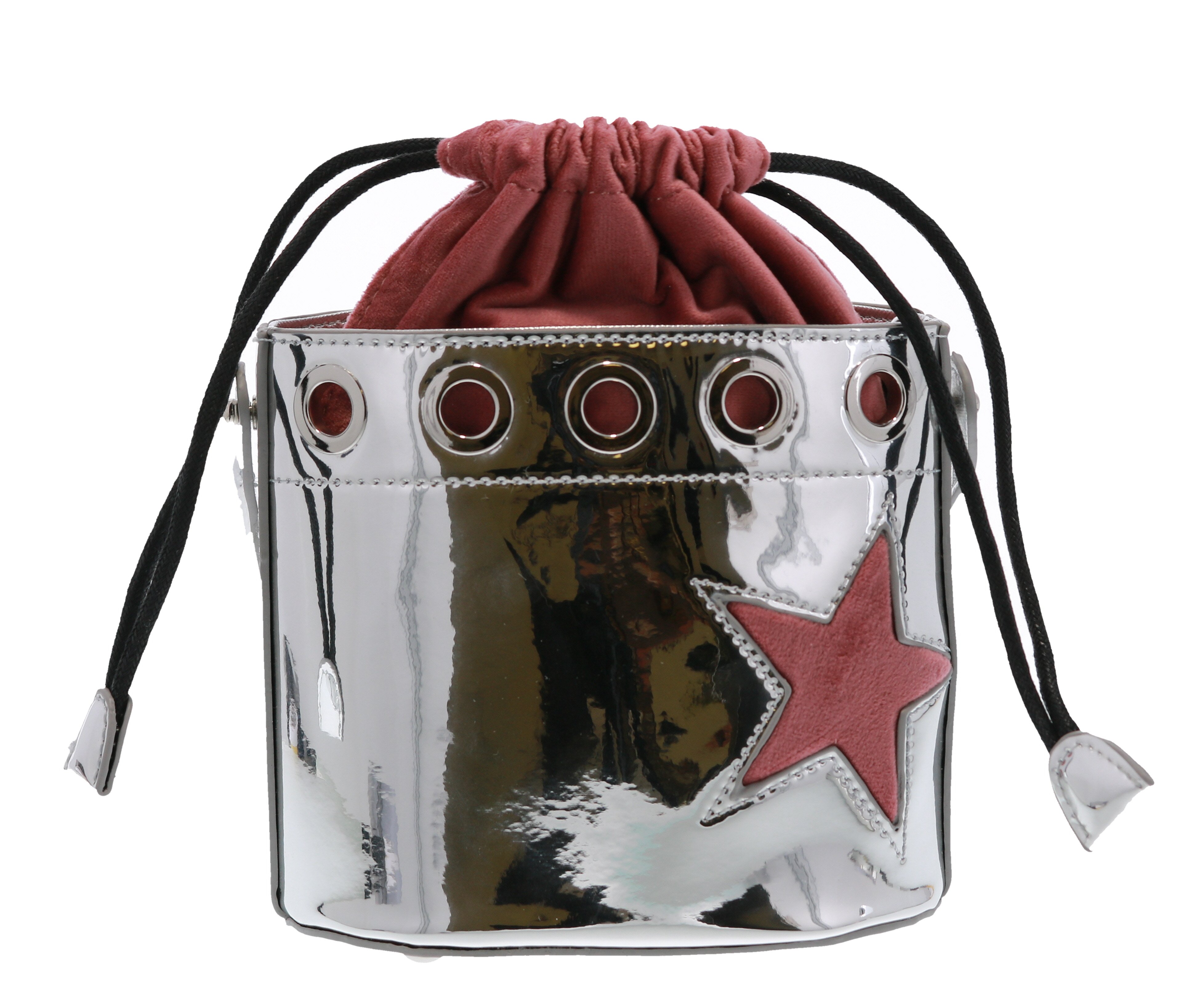 B9541-OS-SILVER Raw 7 by Doe A Dear Metallic Strawstring Top Handle Bucket Purse with Star B9541-OS-SILVER