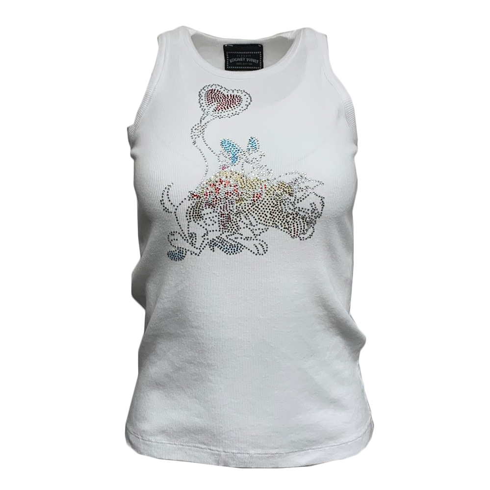 RAW 7 PHST75-TAZD-WHT Raw7 Women's Looney Tunes Taz Tank Top White with Rhinestones 100% Cotton