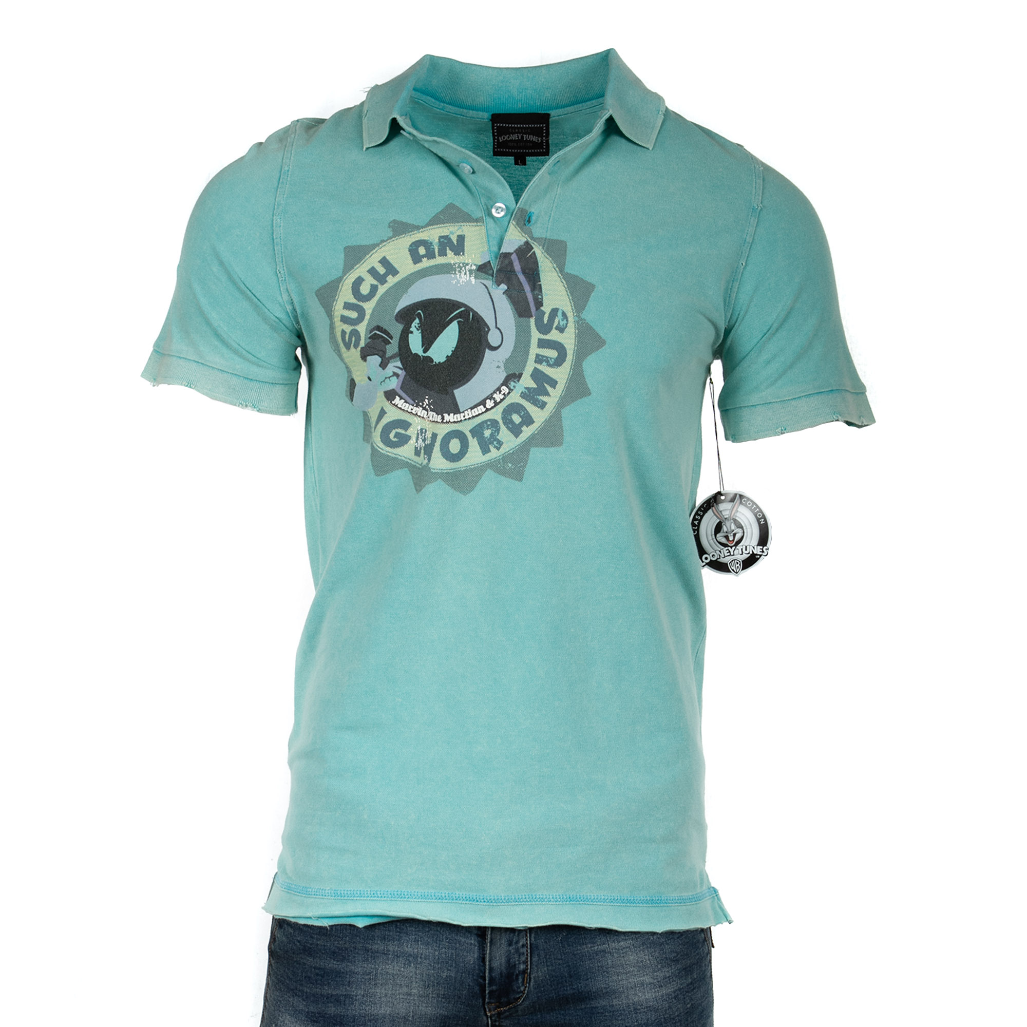 RAW 7 PL98_MARVIN_THE_MARTIAN_TEAL Raw7 Men's Looney Tunes Marvin the Martian Teal Polo Shirt
