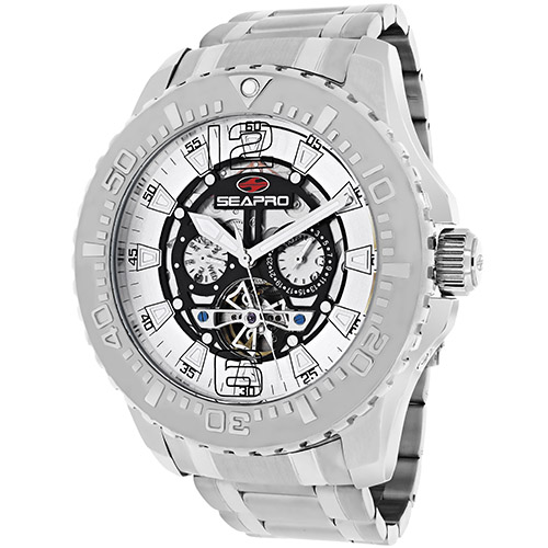 SP3310 Seapro Mens Tidal PX1 Silver Band Black Skeleton Dial