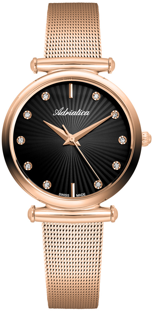Adriatica Women Crystal Index Rose Gold 34mm Black Dial Swiss Made Stainless Steel Case, Price: $259